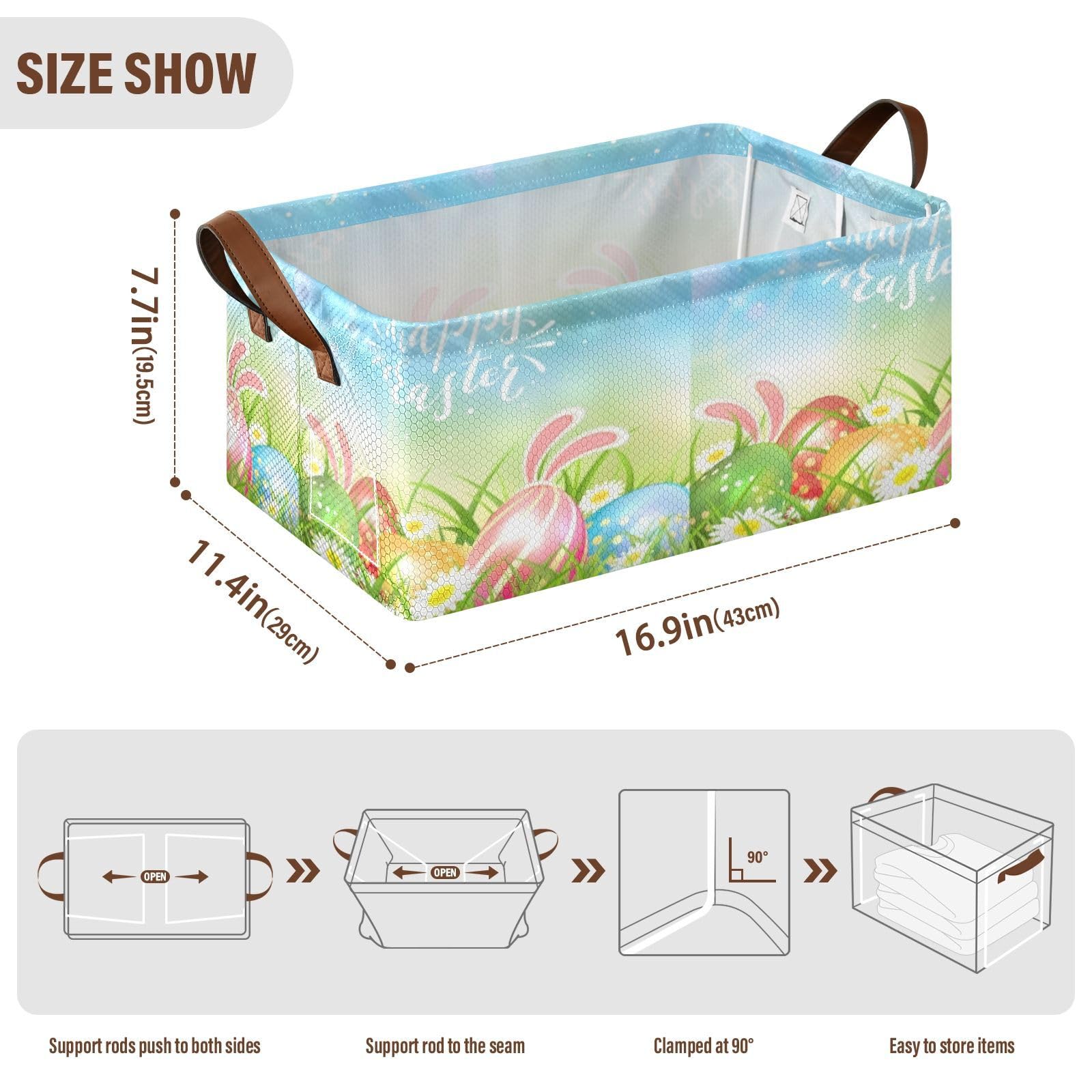 Fygkptb Happy Easter Eggs Bunny Ears Blue Green Style Daisy Green Leaves 1 PC Rectangle Foldable Frame Basket Leather Handles Storage Bin for Laundry Bathroom Organizer 16.9 x 11.4 x 7.7 inch