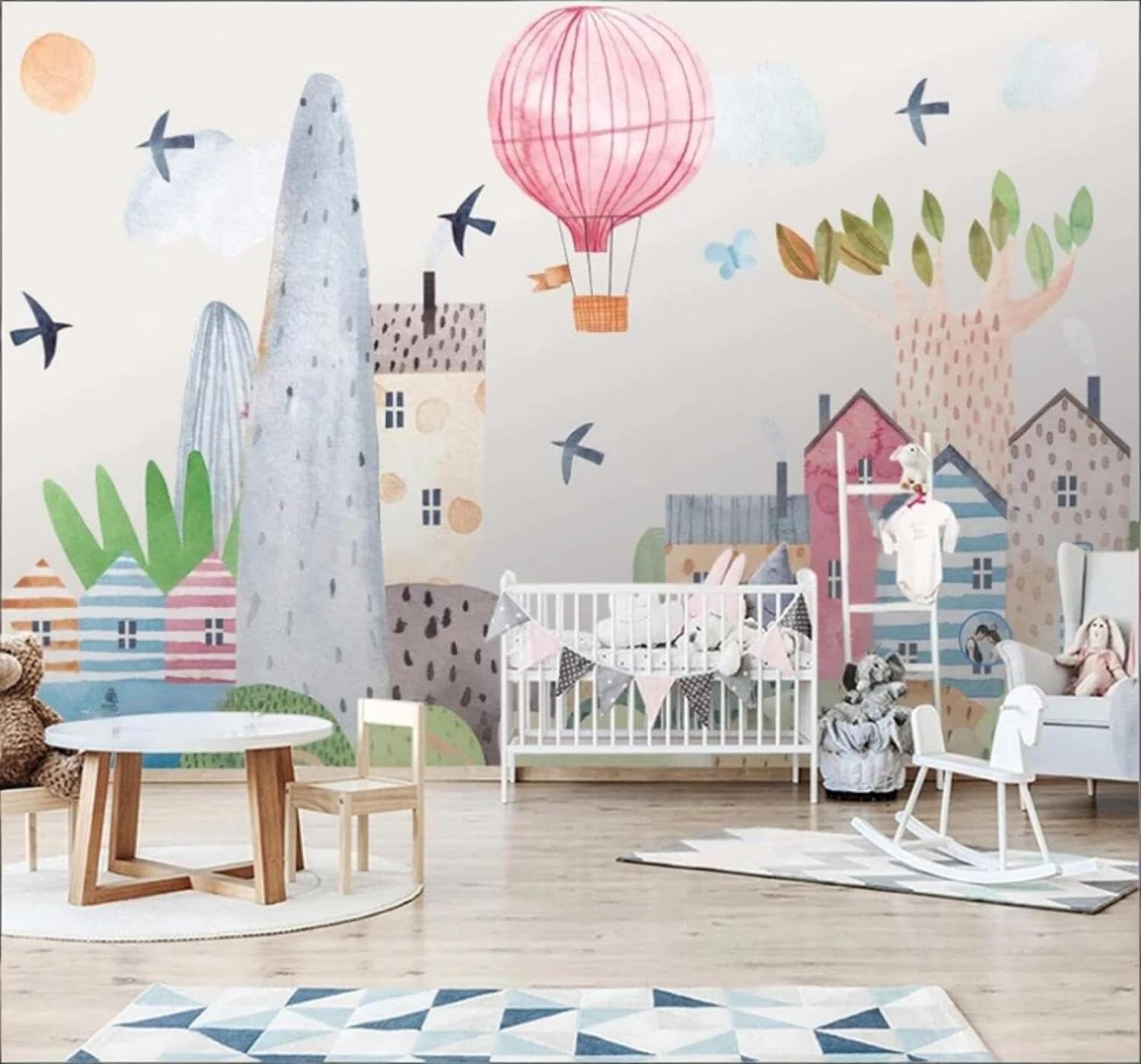 Wallpaper-3D-Xlm 150Cm×105Cm(B×H) Cartoon Watercolour Houses Hot Air Balloons Scenery 3D Wallpaper Easy Install Feature Office Living Room Sofa Bedroom Tv Background Wall Decoration-150Cm×105Cm