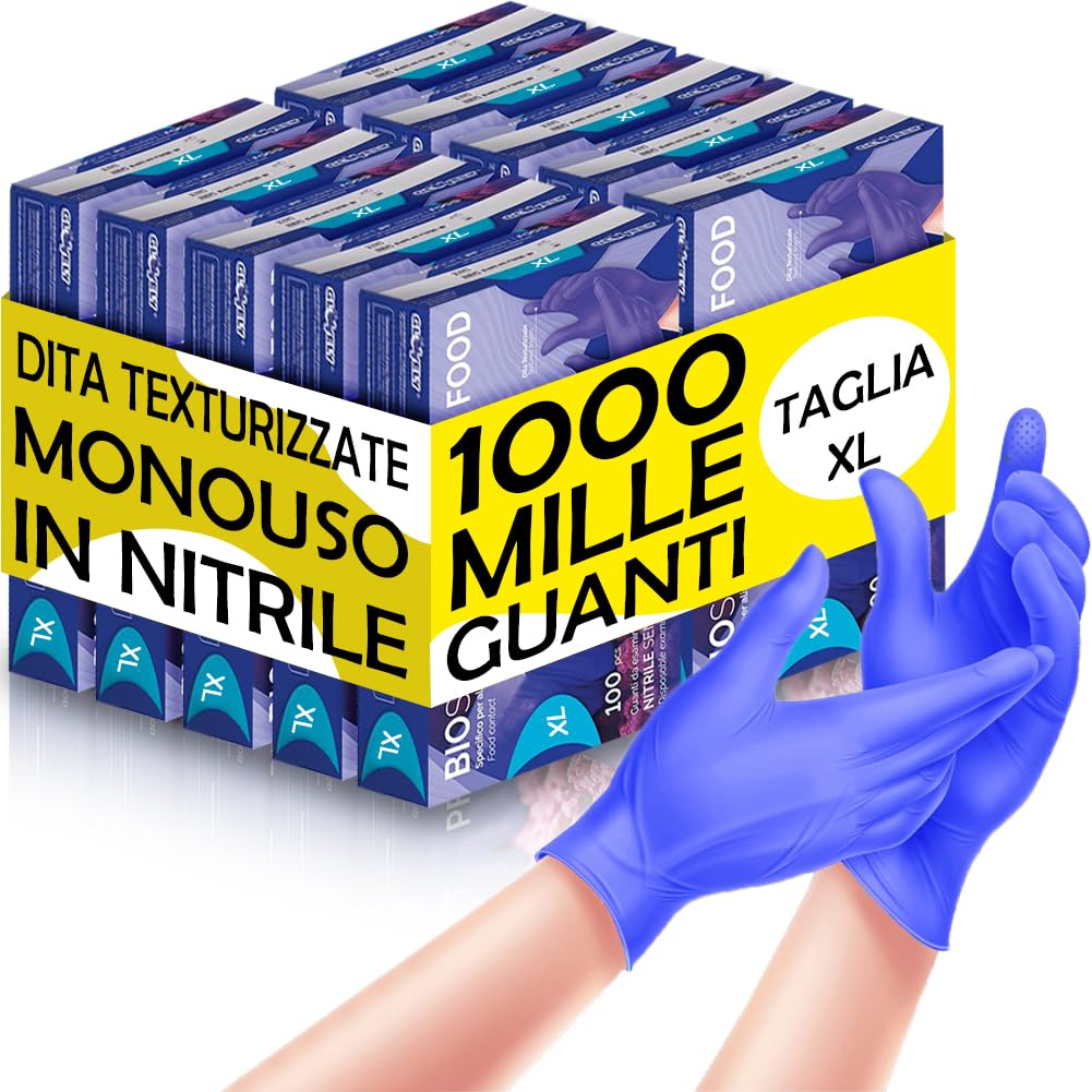 BAKAJI 1000 x Guanti Nitrile Monouso Colore Blu Cobalto, Senza Polvere e Lattice, Ipoallergenici, Bio Soft, Dita Texturizzate, Adatto all'Uso Medico, Alimentare, Cucina, Casa, Pulizie (XL)