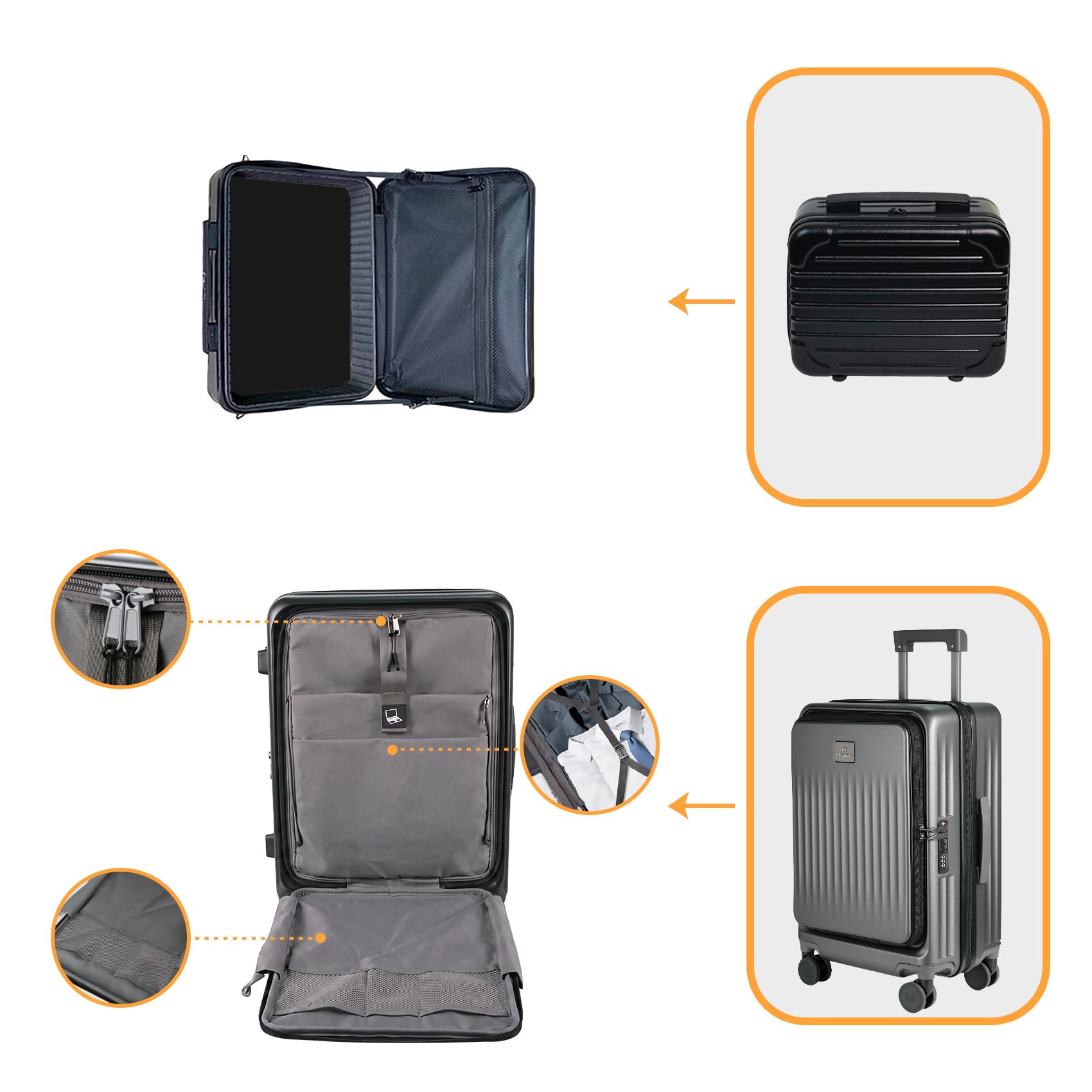 MYBOX Juego de equipaje de 2 piezas con equipaje de mano de 20 pulgadas y funda de viaje de 12 pulgadas, maleta de bolsillo frontal con ruedas giratorias, puerto USB y portavasos, equipaje rígido