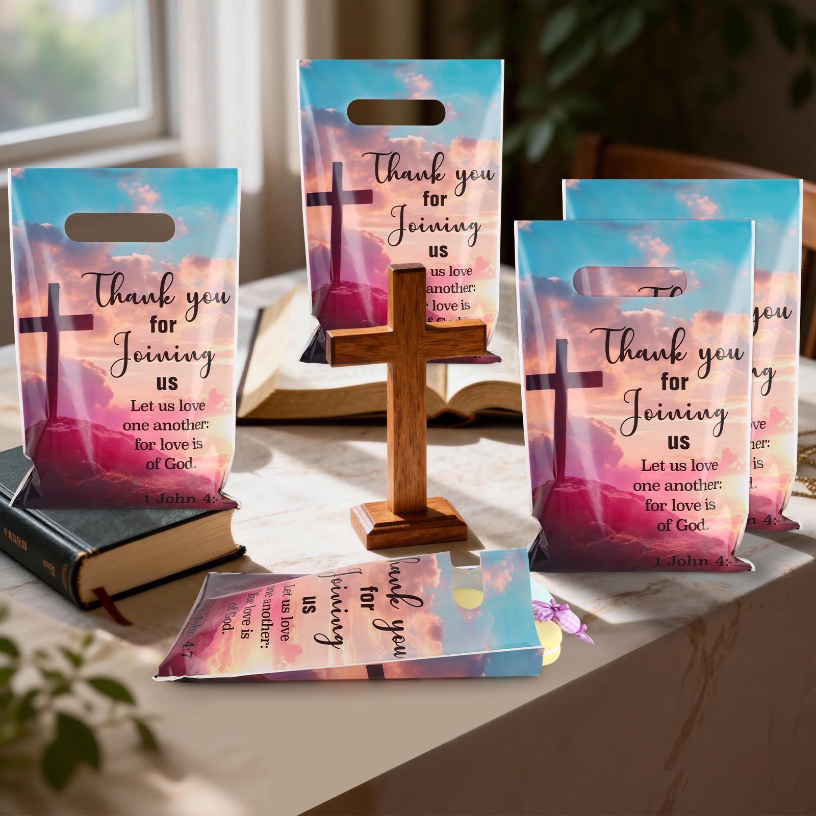 Hooqict 50PCS Welcome to Our Church Bags Plastic Christian Gift Bags with Handle Church Gift Treat Goodie Candy Party Favors Bag for Birthday Religious Baptism Party Decorations Supplies