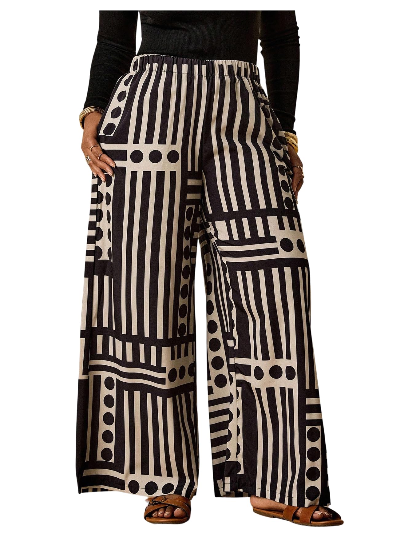 Floerns Womens Plus Size Striped Wide Leg Palazzo Pants High Waist Flowy Lounge Trousers