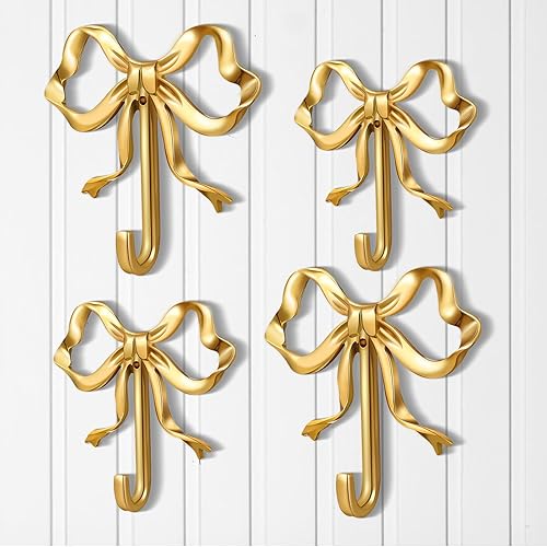 4 Pcs Gold Bow Knot Hooks Brass Bow Wall Door Hanger Towel Hooks Brass Coat Hanger Decorative Holder for Wedding Bathroom Living Room Kitchen Decor (L+S) - 4 - L+S (3.66 x 3.54 x 0.79,2.6 x 2.6 x 0.67)