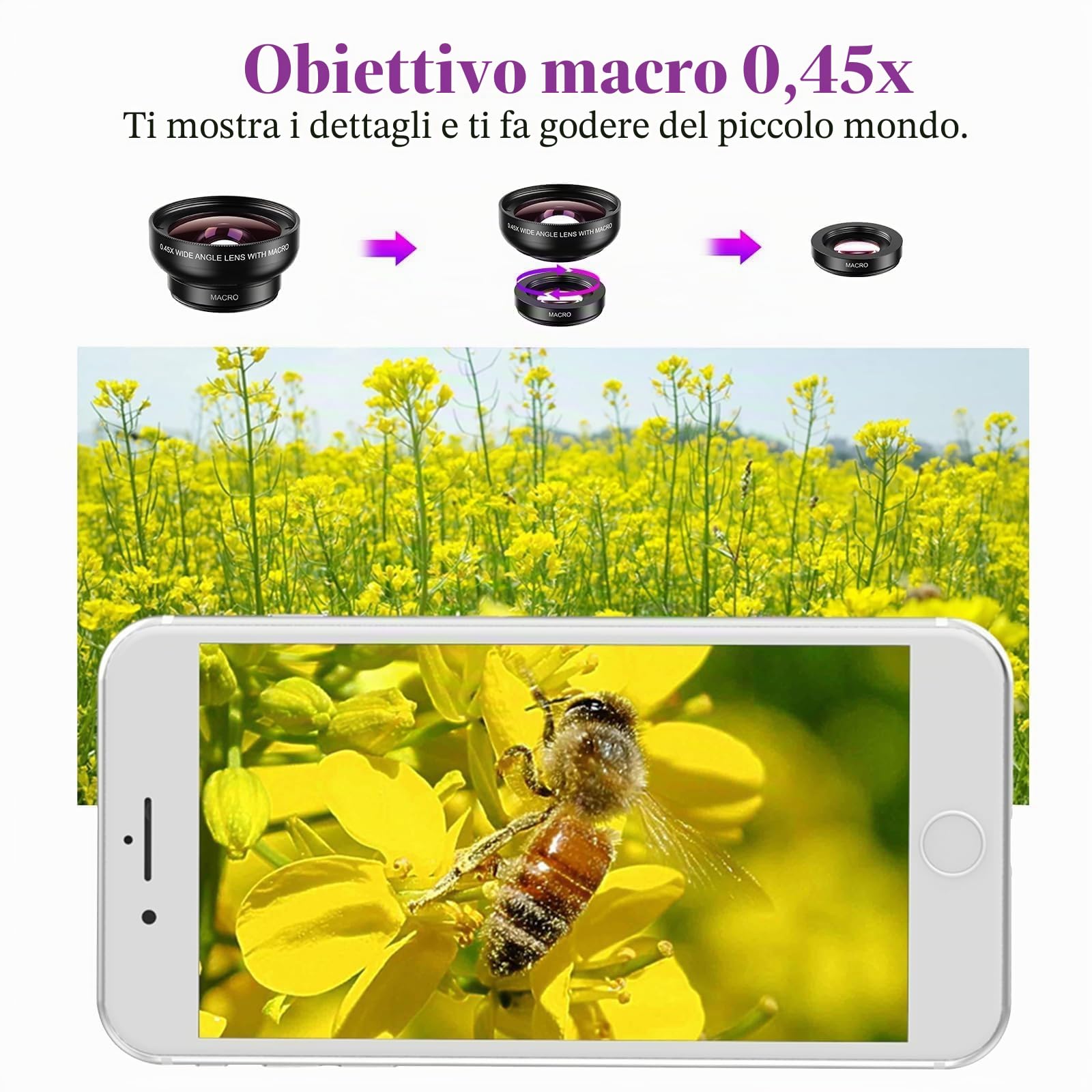 Obbiettivi Smartphone 10 in 1, Obiettivo macro 15x, Fisheye 198°, Teleobiettivo 22x, Grandangolo 0,63x,Macro lens,con la maggior parte degli smartphone