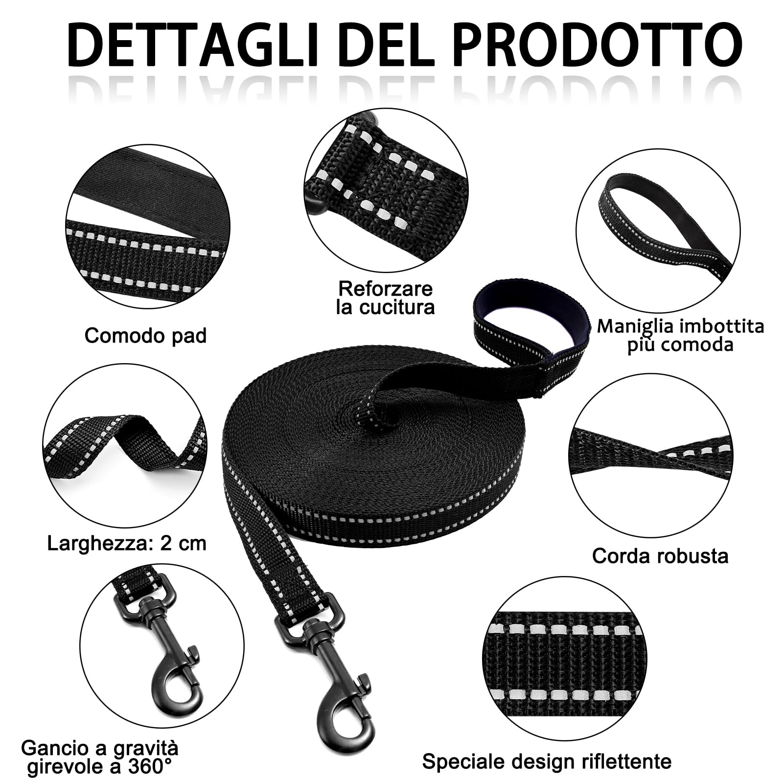 COMSLE Guinzaglio Addestramento per Cani, Lunghina per Cane Cani 3 metri / 5 metri / 10 metri / 15metri / 20metri con Gancio Robusto e Manico Imbotita, Guinzaglio per Cani Piccola e Taglia Grande