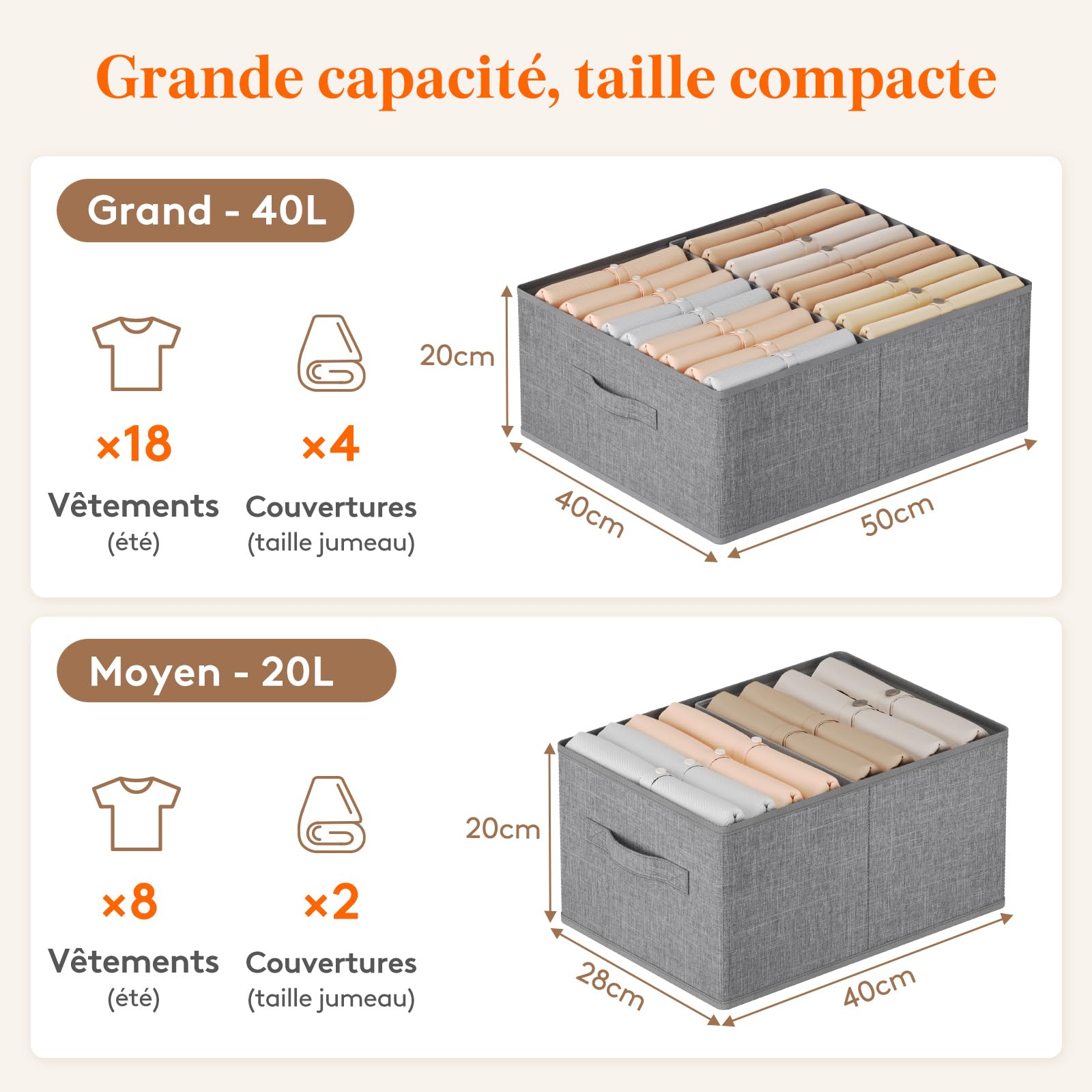 Lot De 4 Boîtes De Rangement En Oxford Avec Couvercle Transparent – Dimensions 41x30x26 Cm, Pliables, Poignées, Gris Clair