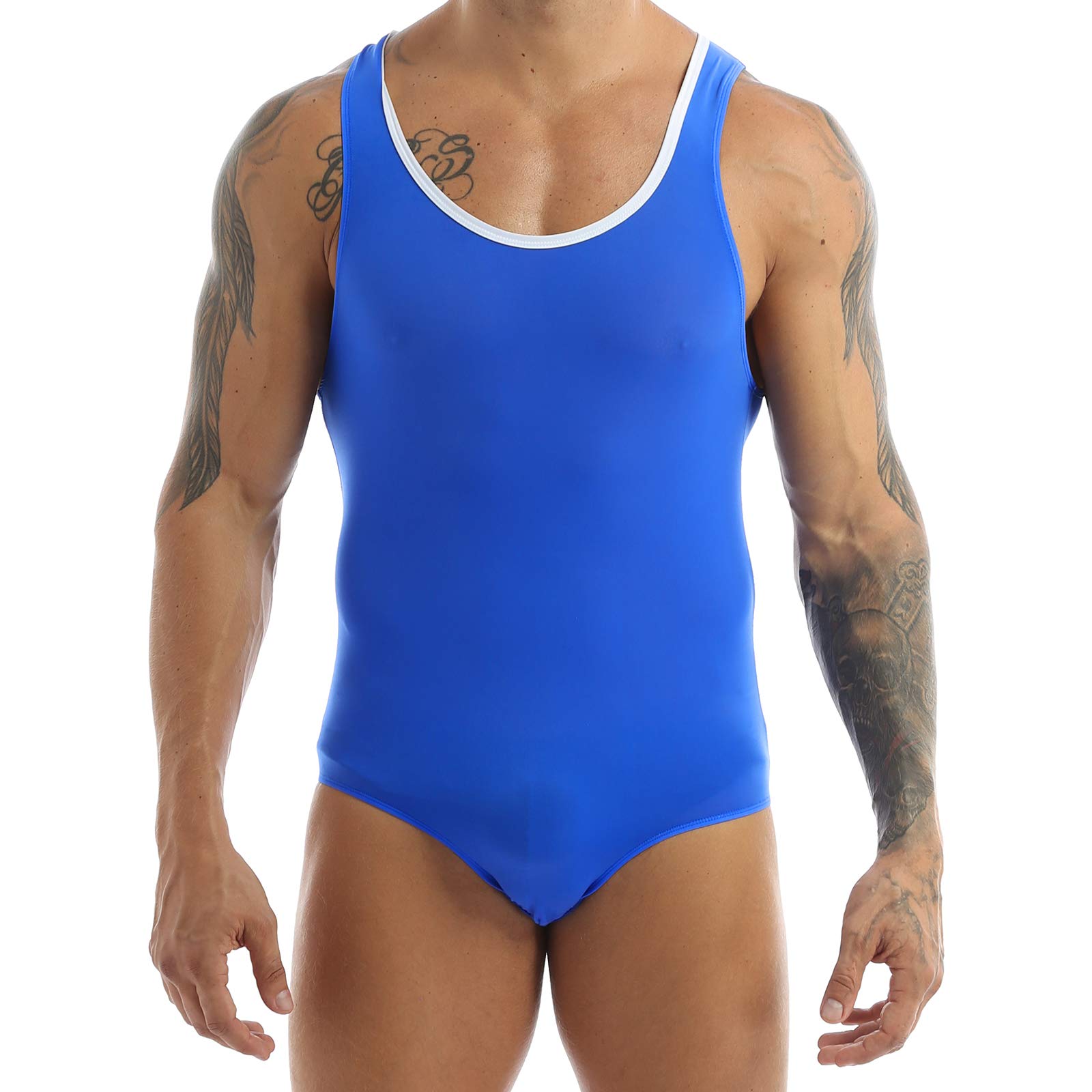 YEAHDOR Men's Stretchy One Piece Wrestling Singlet Sleeveless Tank Leotard High Cut Bodysuit Sportswear Blue Medium