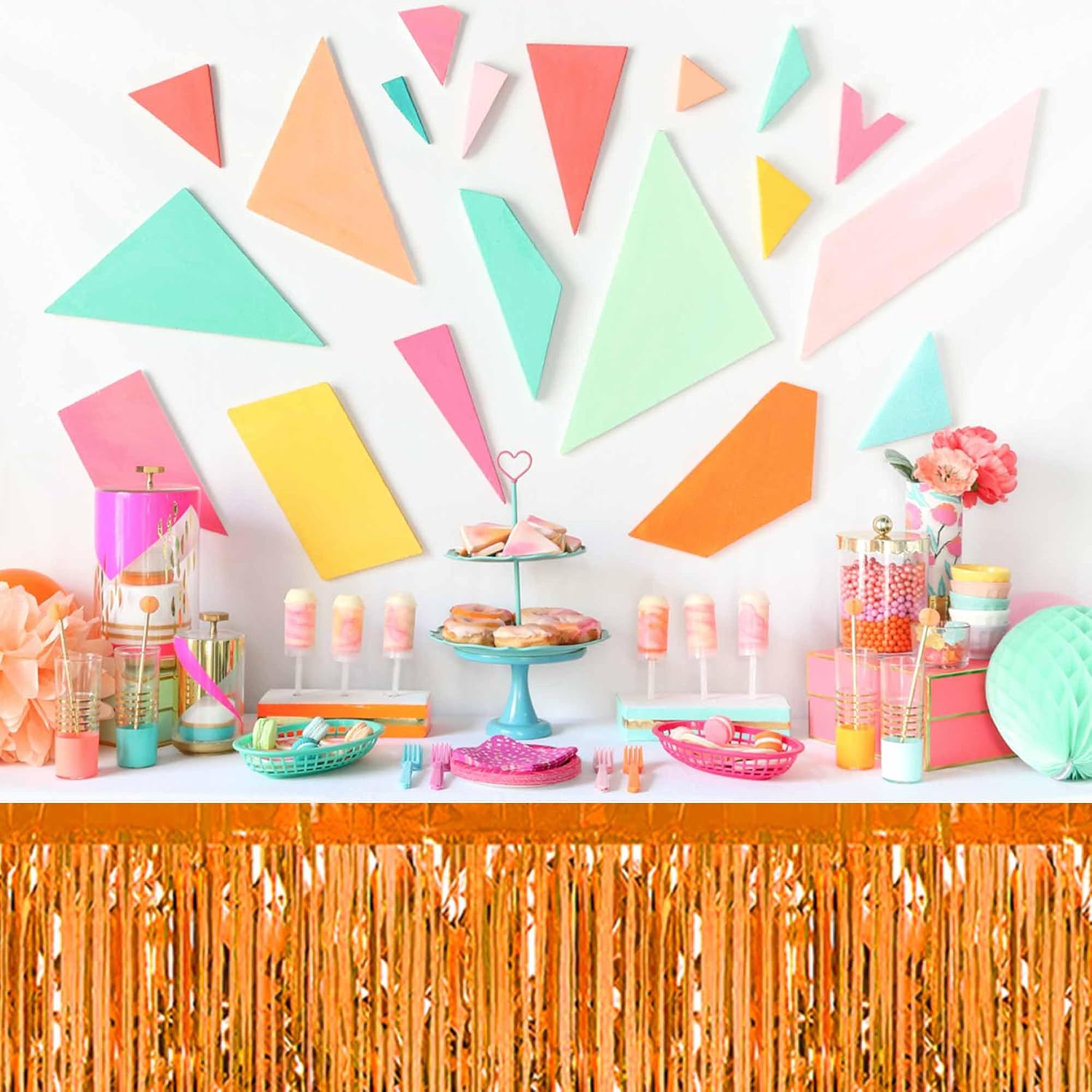 3 Pack Orange Foil Fringe Table Skirts Metallic Tinsel Streamers Garland Banner Backdrop for Table Decor, Parade Float, Birthday, Wedding, Halloween, Christmas Party Decorations(29x108 In)