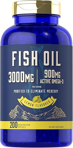 Carlyle Aceite de pescado de 3000 mg | 900 mg de Omega 3 | 200 cápsulas blandas | Sabor a limón | Suplemento sin OMG y sin gluten