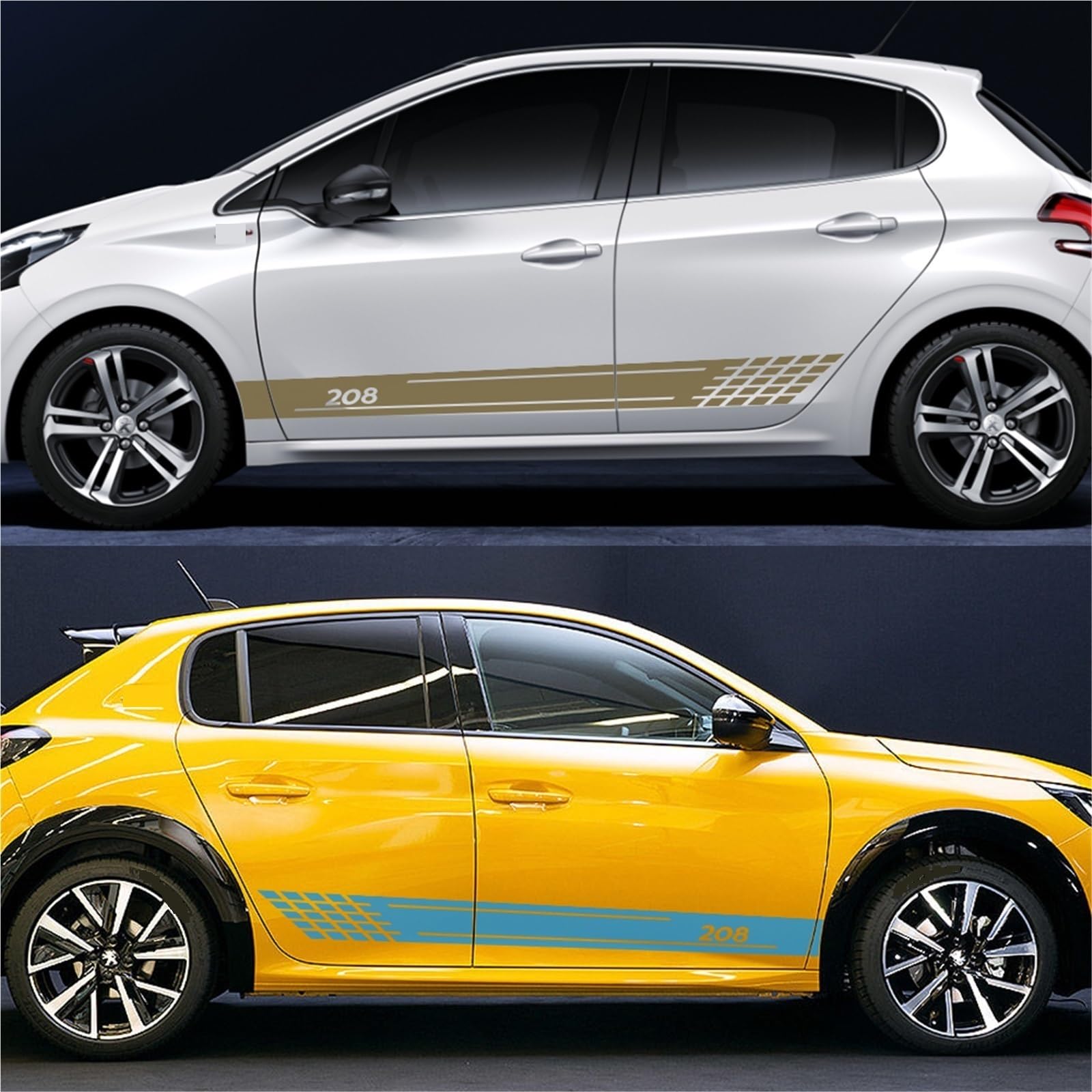 2 adesivi a strisce per minigonne laterali per portiera auto adatti per Peugeot 208 GT Tuning Accessori auto Linea grafica(Glossy Black)