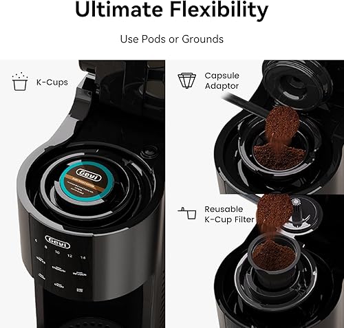 Miniatura 4 de Gevi Cafetera de una sola porción para K Cup y café molido, cafetera en cápsulas con depósito de agua de 40 onzas, tamaños de preparación de 6 a 14