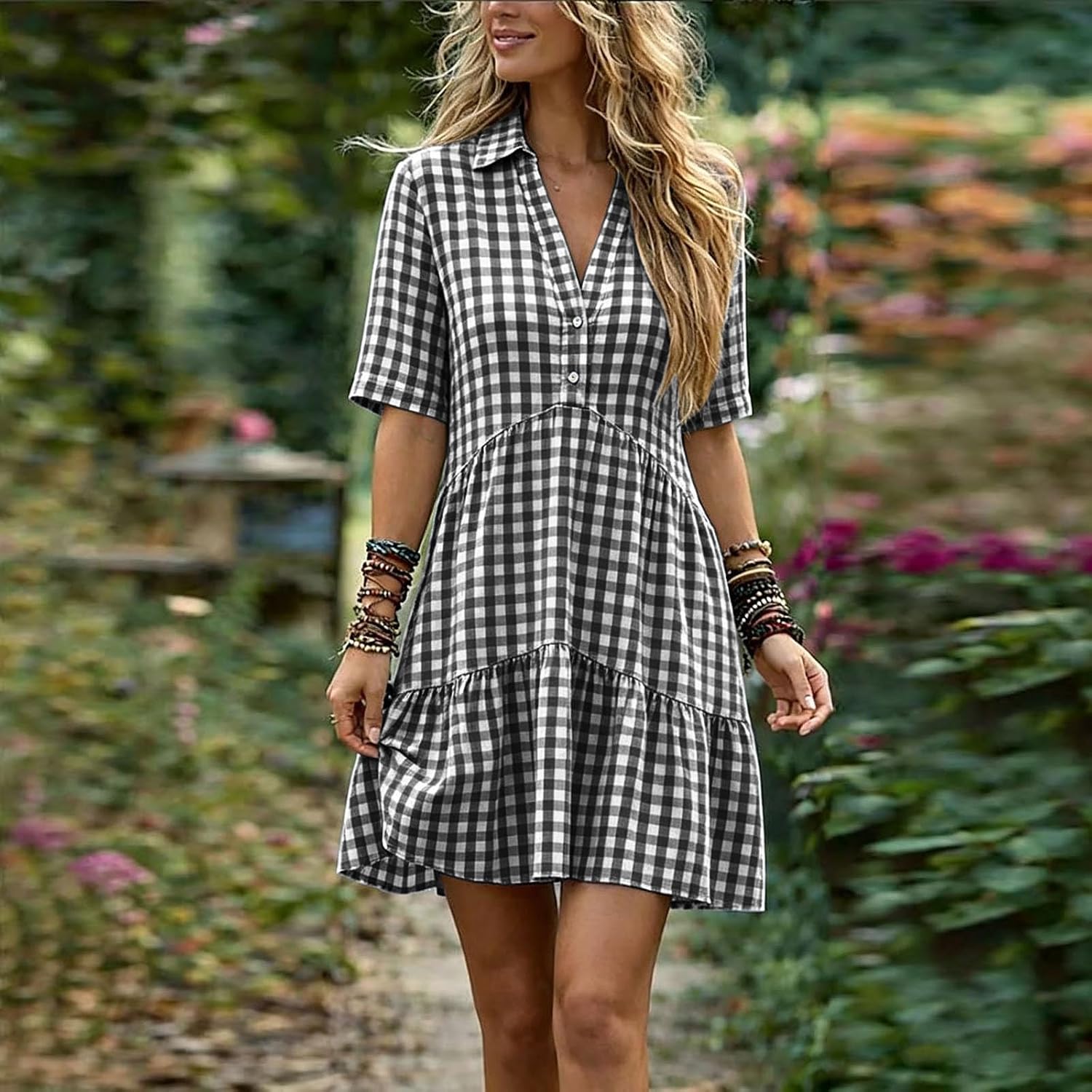 Women's Casual Plaid Button Down V Neck Shirt Dress Boho Short Sleeve Gingham Mini Tunic Dress Ruffle Hem Clothing