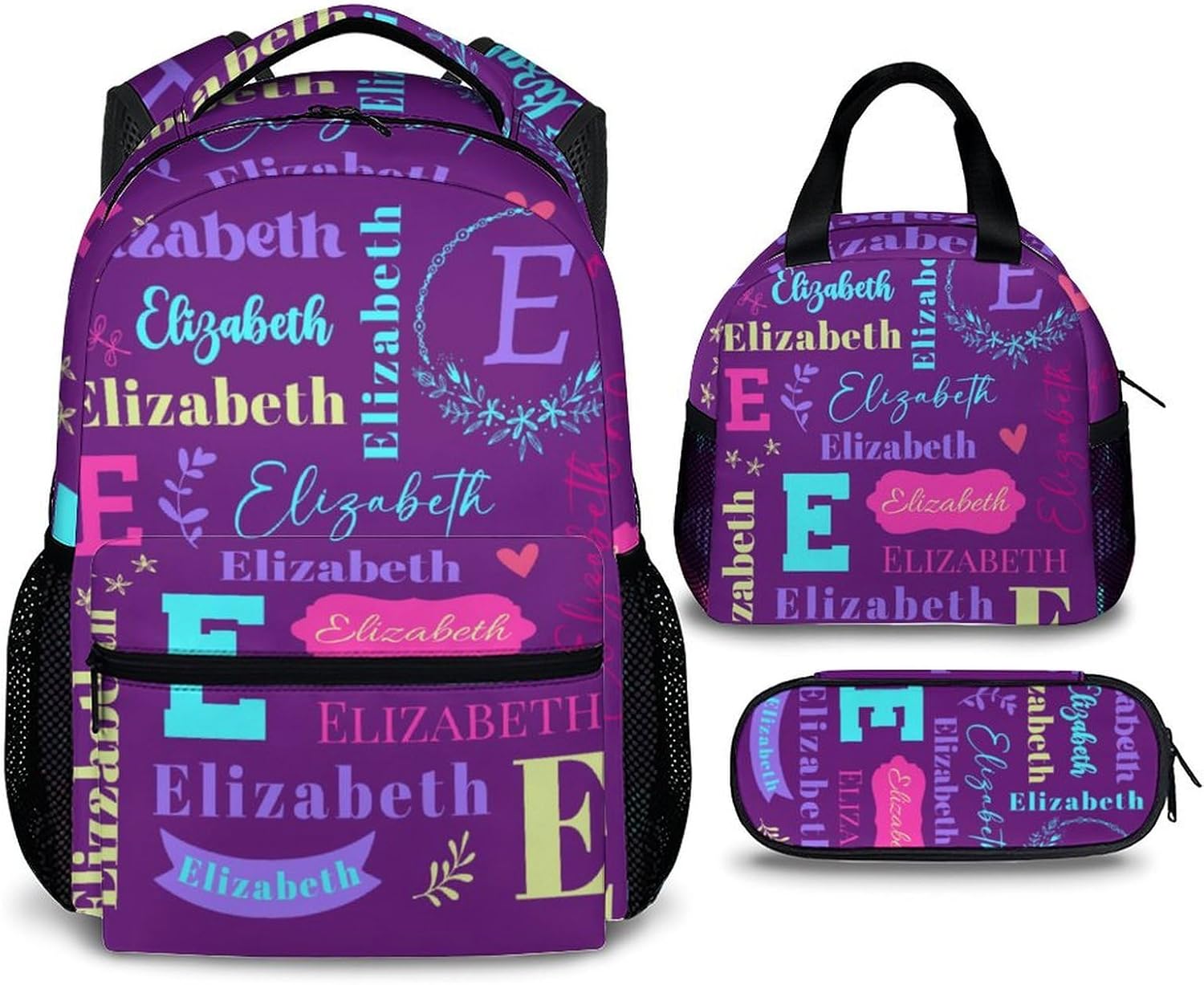 Custom Name School Backpack for Kids Girls, 3Pcs Backpacks with Lunch Box and Pencil Case for Travel Camping, School Bookbag Matching Combo for Kindergarten Preschool Primary
