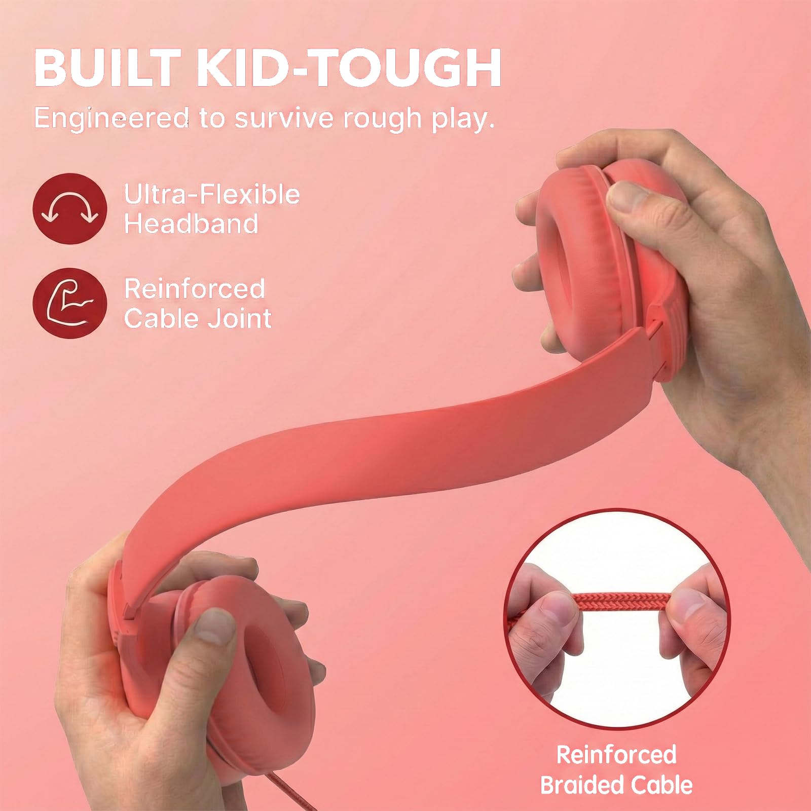 ADOOPE Cuffie cablate per bambini con spina USB C, limitazione del volume di 85 dB, protezione dell'udito sicura, archetto regolabile, senza grovigli, cuffie per scuola, tablet, viaggi (rosso sfumato)