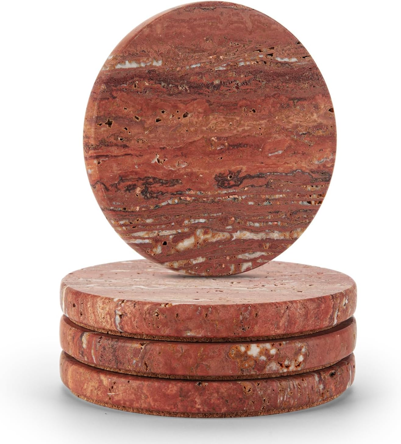 WORHE Marble Coaster for Drinks 4" Diameter Set of 4 Round Travertine Coasters for Home Decor Office Parties Birthday Housewarming Gift, Protect Countertops from Dirty,Sturdy and Tough Red (WH026)