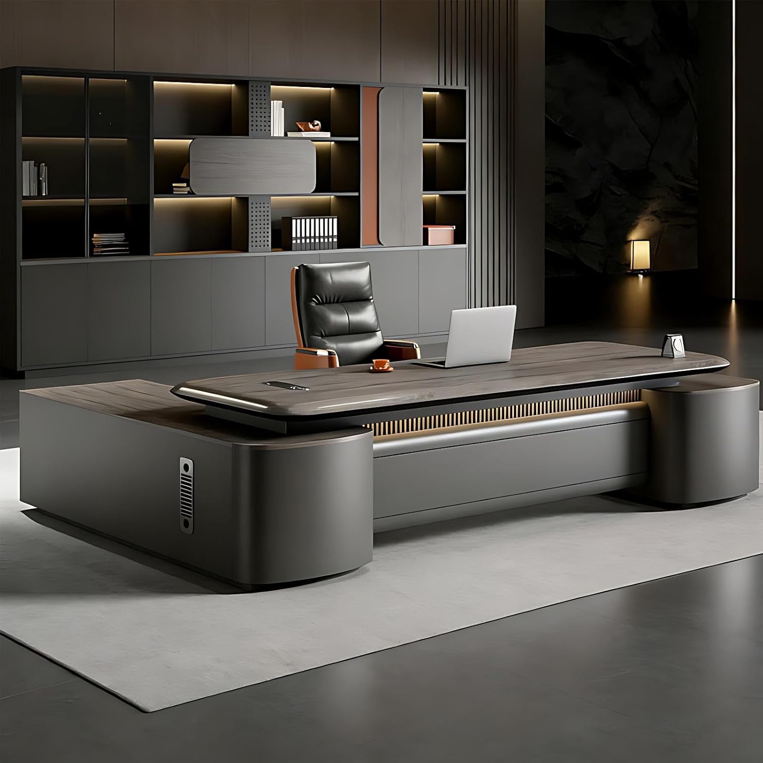 144IN Executive Desk - L Shaped Desk with Drawers Large Corner Office Table with Power Outlets LED Lights