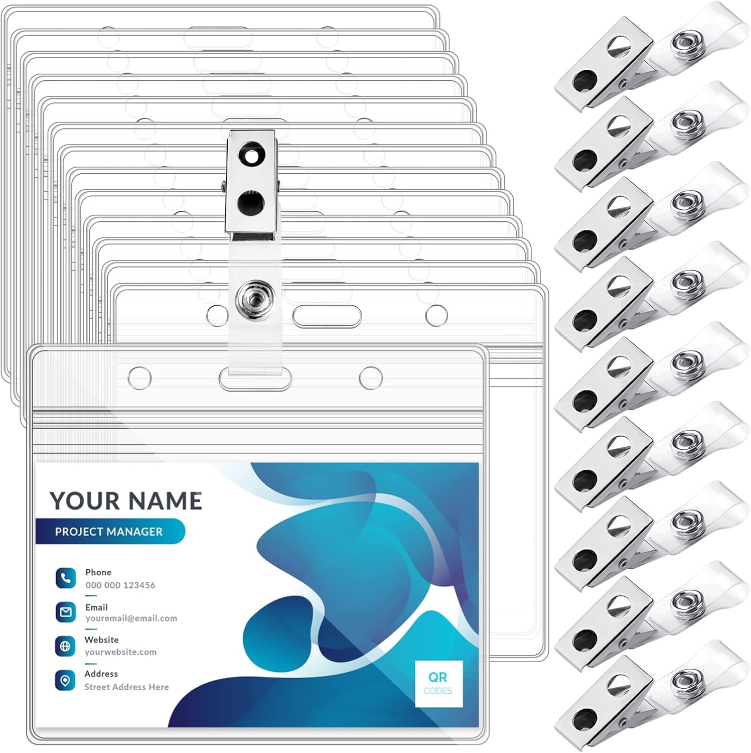 100 Sets Badge Holders and Metal Clips Clear Horizontal Name Tag ID Card Holder with Clip Waterproof ID Badge Holder with Metal Clips