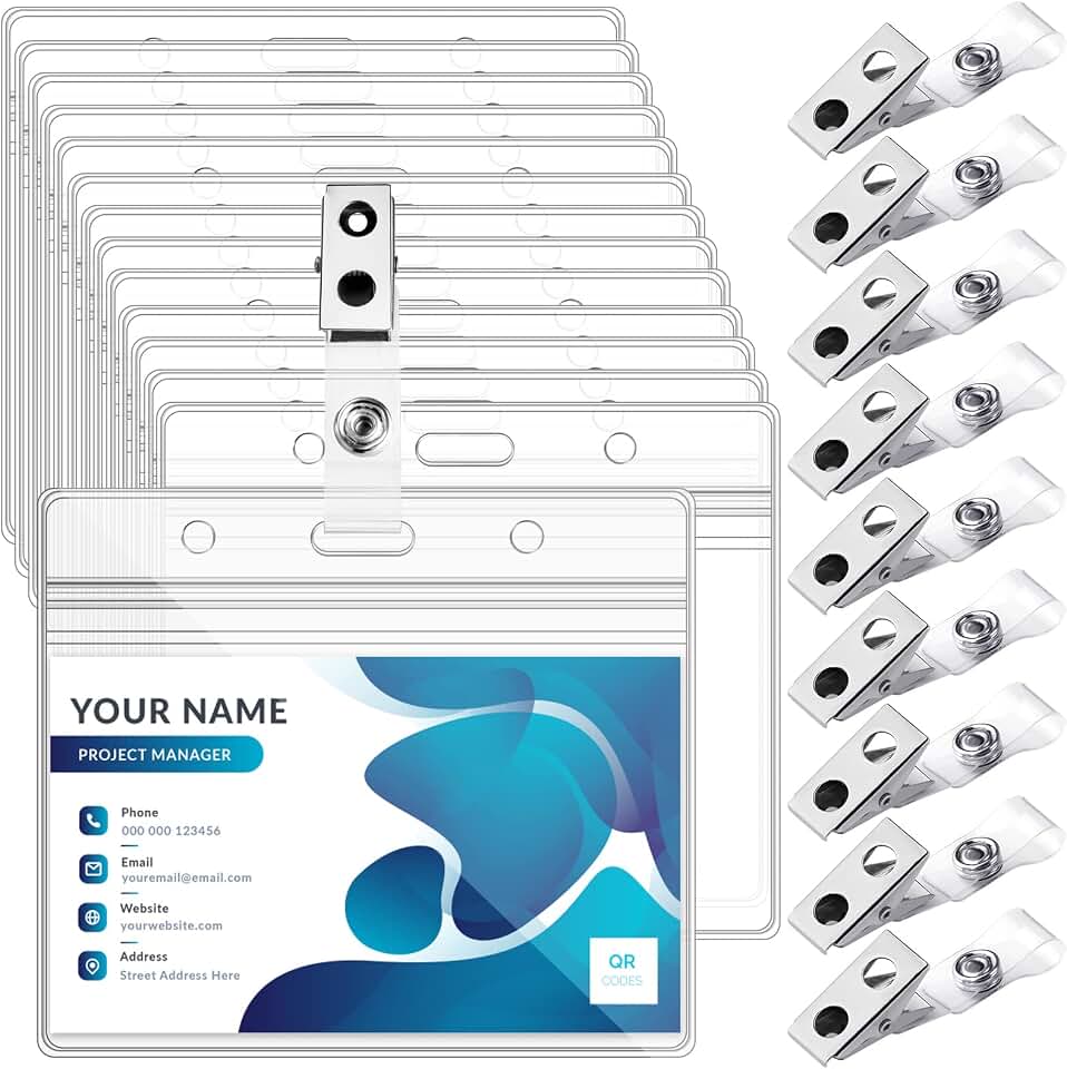 100 Sets Badge Holders and Metal Clips Horizontal Name Tag Holder with Clip | Clear ID Card Holder with Clip Waterproof ID Badge Holder with Metal Clips