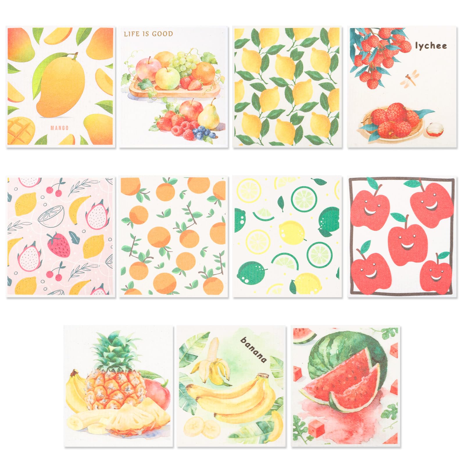 Foribyw 11 Pack Swedish Dishcloths for Kitchen, Reusable Super Absorbent Sponge Cloth, Quick-Drying Leaves No Streaks, Dishwasher Friendly, Biodegradable Wipes for House Cleaning, Fruit Theme Pattern