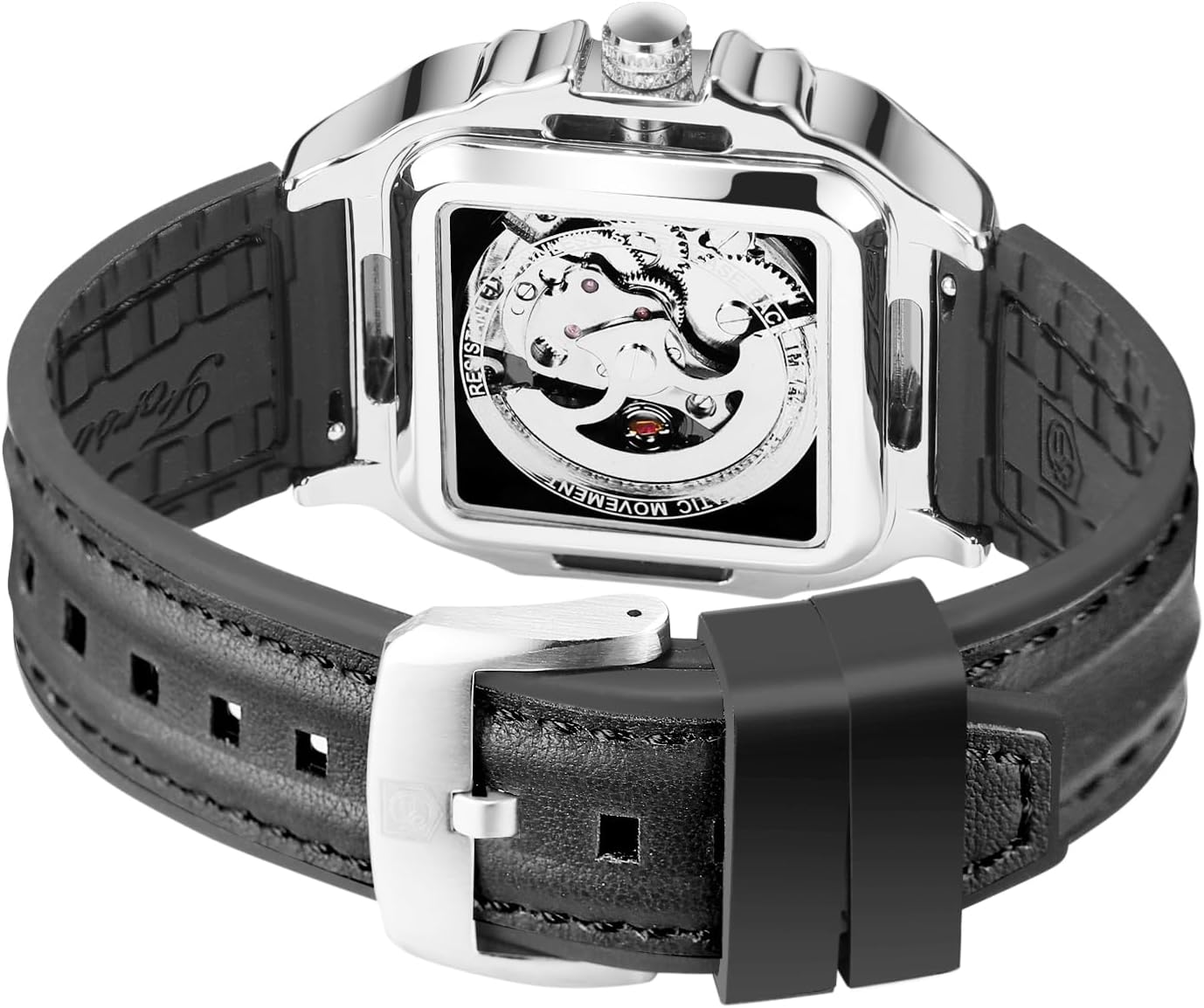 FORSINING Men's Waterproof Skeleton Stylish Watch Automatic Steampunk Self Winding Silicone Strap Luminous Square Wrist Watch
