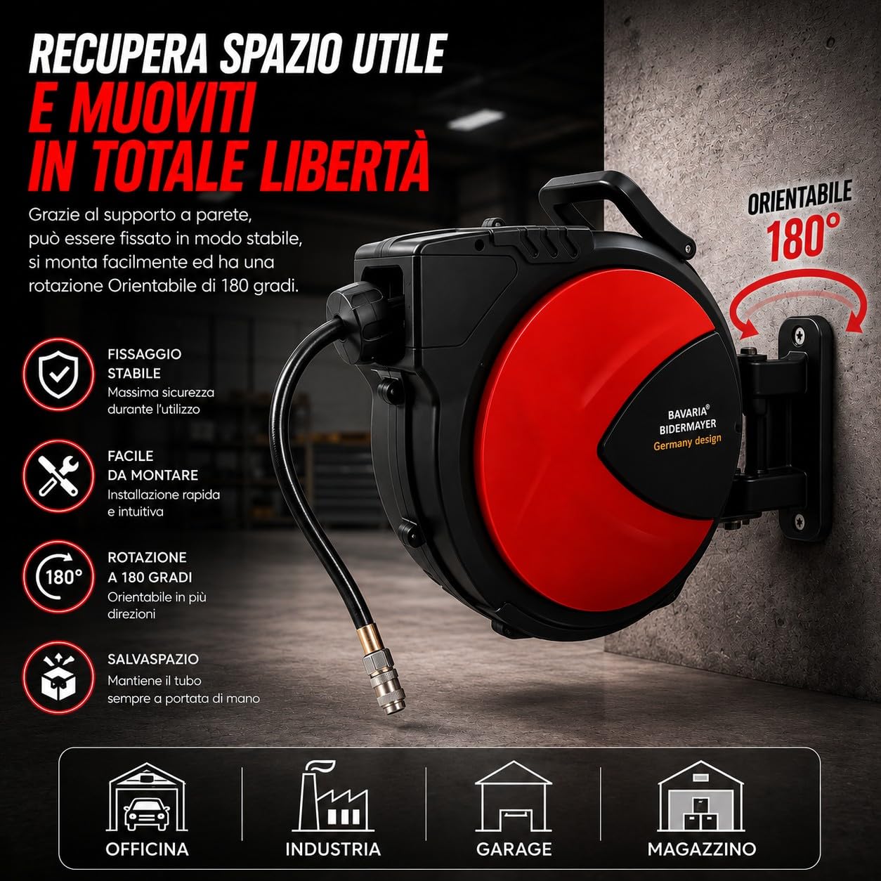 Avvolgitubo Aria Compressa Automatico 20+2 Metri 20 Bar 290 PSI Attacco Rapido 1/4" Avvolgitore Tubo Compressore Orientabile 180° da Parete per Officina Garage