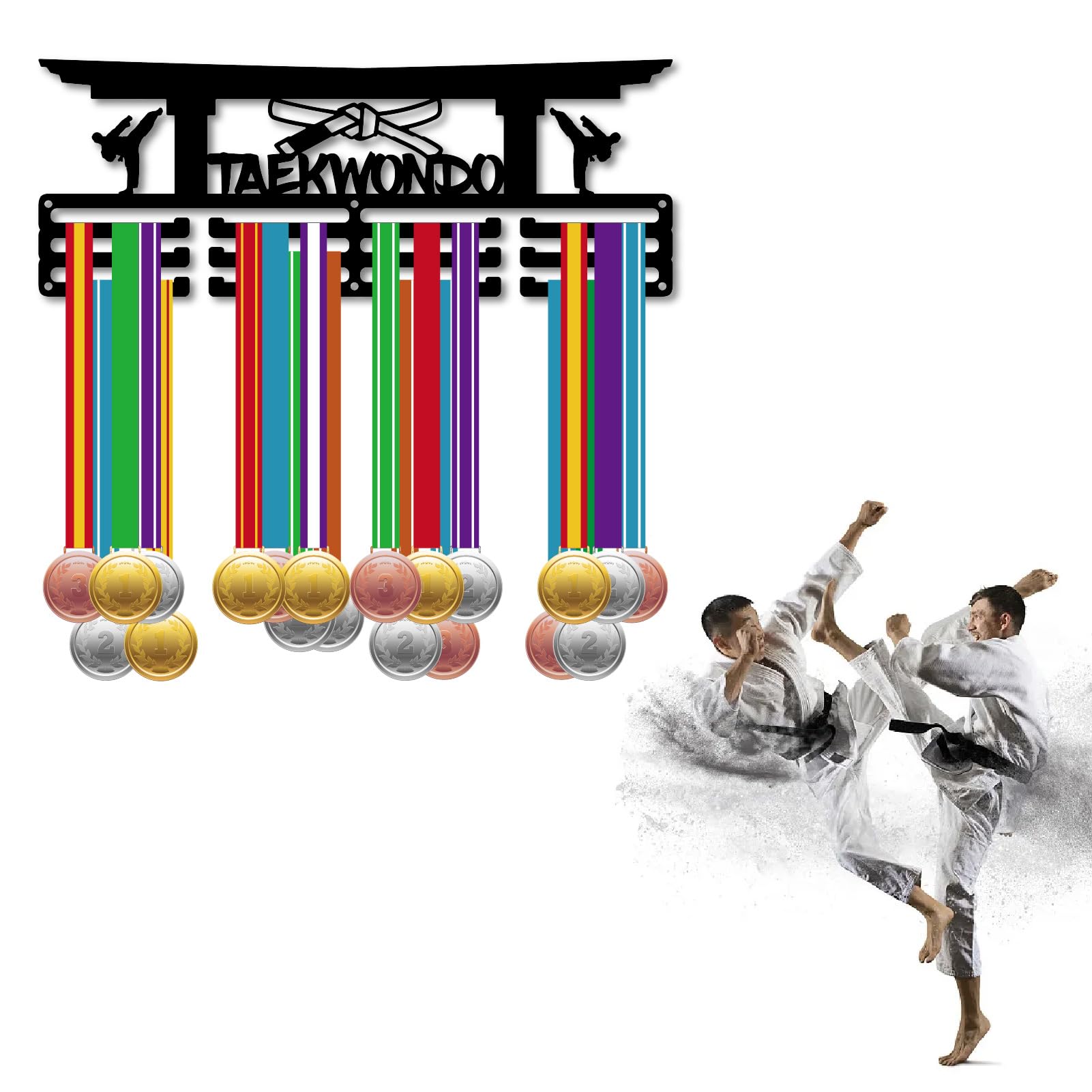 CREATCABIN Taekwondo Medal Holder Medal Hanger Medal Hanging Decor Medal Rack Display Wall Mounted 3 Lines Design Room Home Decoration Gift for Taekwondo Player Race Winner Black 29x13cm