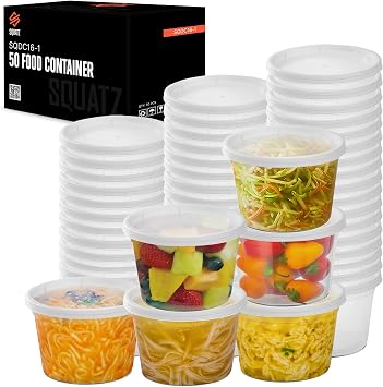 50 Microwavable Food Container - 16oz Translucent Meal Box Storage with Lids, Ideal for Storing Soups, Condiments, Sauces, Dressing, Fruit, Baby Food, Healthy Snacks, and Leftovers, LARGE SQUATZ