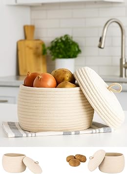 Sfb Handmade Jute Kitchen Fruit Snack Potato Onion Basket Cover Detailed Herb Towel Storage Organizer Wicker Flower Pot Box (beige)