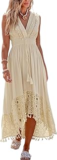 CUPSHE Women's Summer Dress Lace V Neck Sleeveless Dress Smocked Waist Long Casual Dress Tassel Beach Maxi Dress
