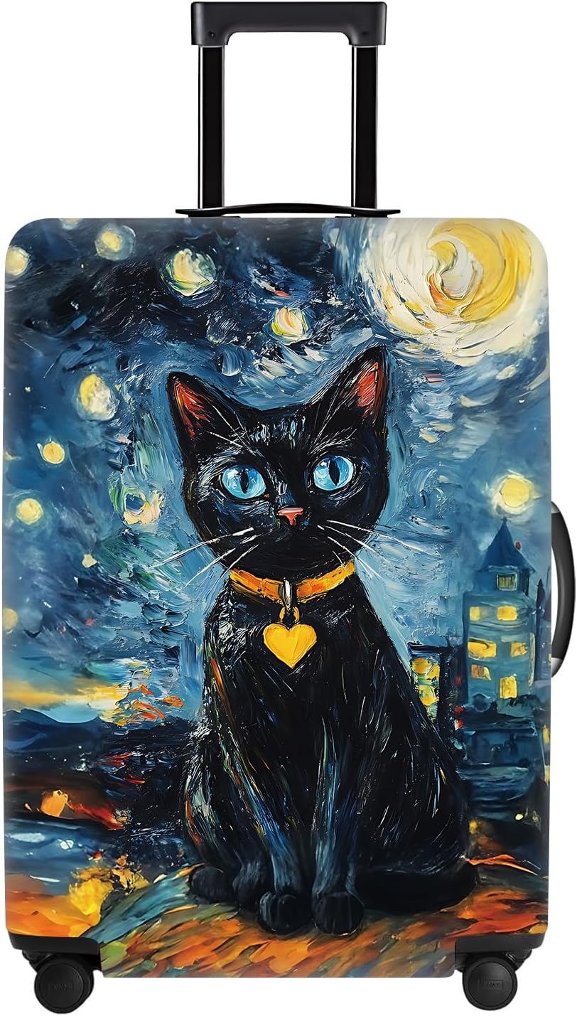 Starry Night Black Cat Luggage Cover – Stretch Suitcase Protector with Moon & City Lights – Fits 32-34 Inch Luggage – Cute Cat Design with Heart Pendant – Durable & Washable Travel Sleeve