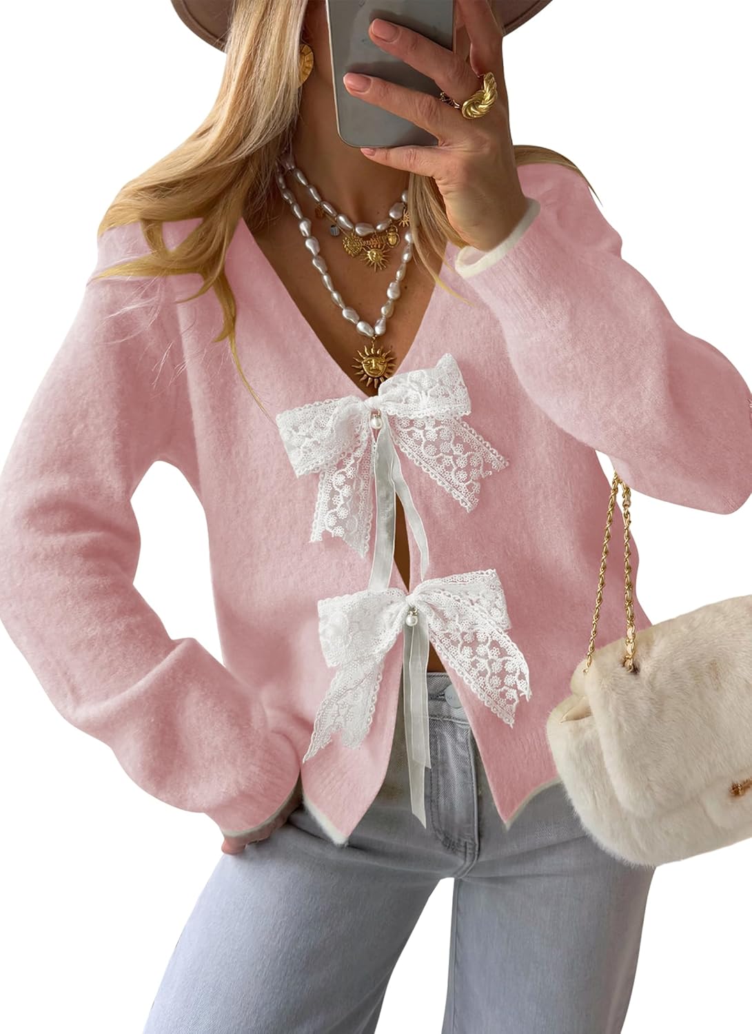 Cakulo Womens Bow Tie Sweater V Neck Cardigan Sweaters Lightweight Fall Fashion Knit Cardigans Winter Clothes 2025 Pink XL