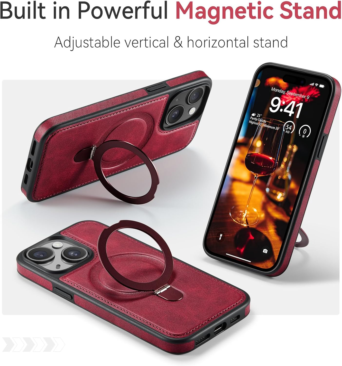 Compatible with iPhone 14 Plus Case with Stand, Compatible with MagSafe, Slim PU Leather & Durable TPU Plustective Cover Drop-Plusof with Tempered Glass Screen Plustector 6.7", Red - Image 3