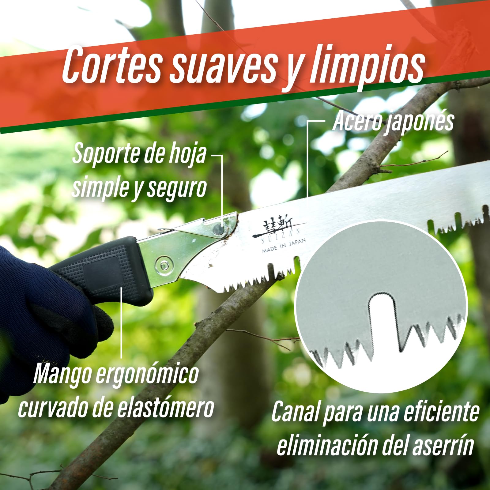 SUIZAN Serrucho de Poda 270mm con Hoja con Canal de Desahogo - Sierra Manual Japonesa Profesional de Árboles Herramientas de Jardinería