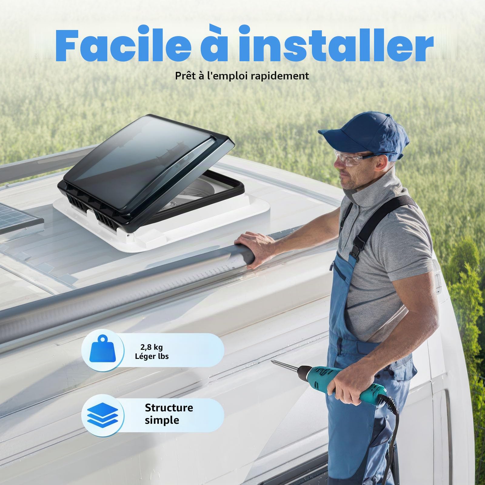 Fenêtre de toit de camping-car, ventilation insonorisée avec LED, 28 x 28 cm, ventilation pour camping car, débit d'air de 5 à 35 m³/min, étanche IP68