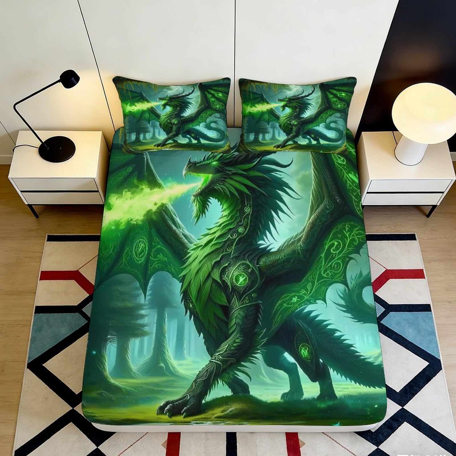 3D Printed Green Dragon Forest Fitted Sheet Microfiber Non Slip Fantasy Mattress Cover Bedroom Decor 180x200x25cm