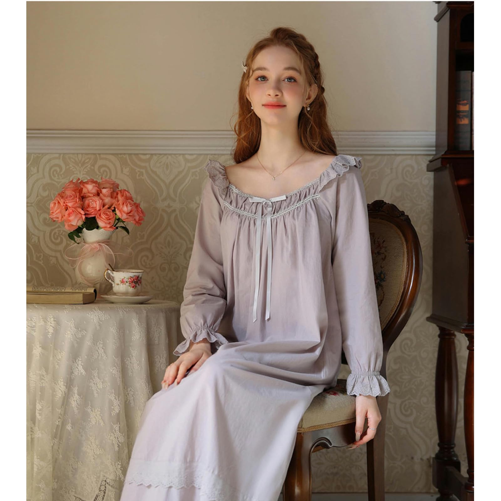 Camicia Notte Donna Nightdress Women's Spring And Autumn Autunno Sweet Princess Pigne Girls Long Dress Long Cotton-Viola-l
