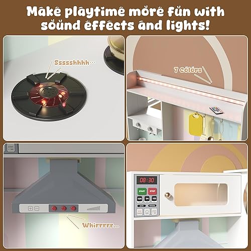 Miniatura 4 de Juego de juguetes de cocina grande, juego de cocina giratorio de esquina para niños con luces y sonidos reales, fregadero de juguetes con agua