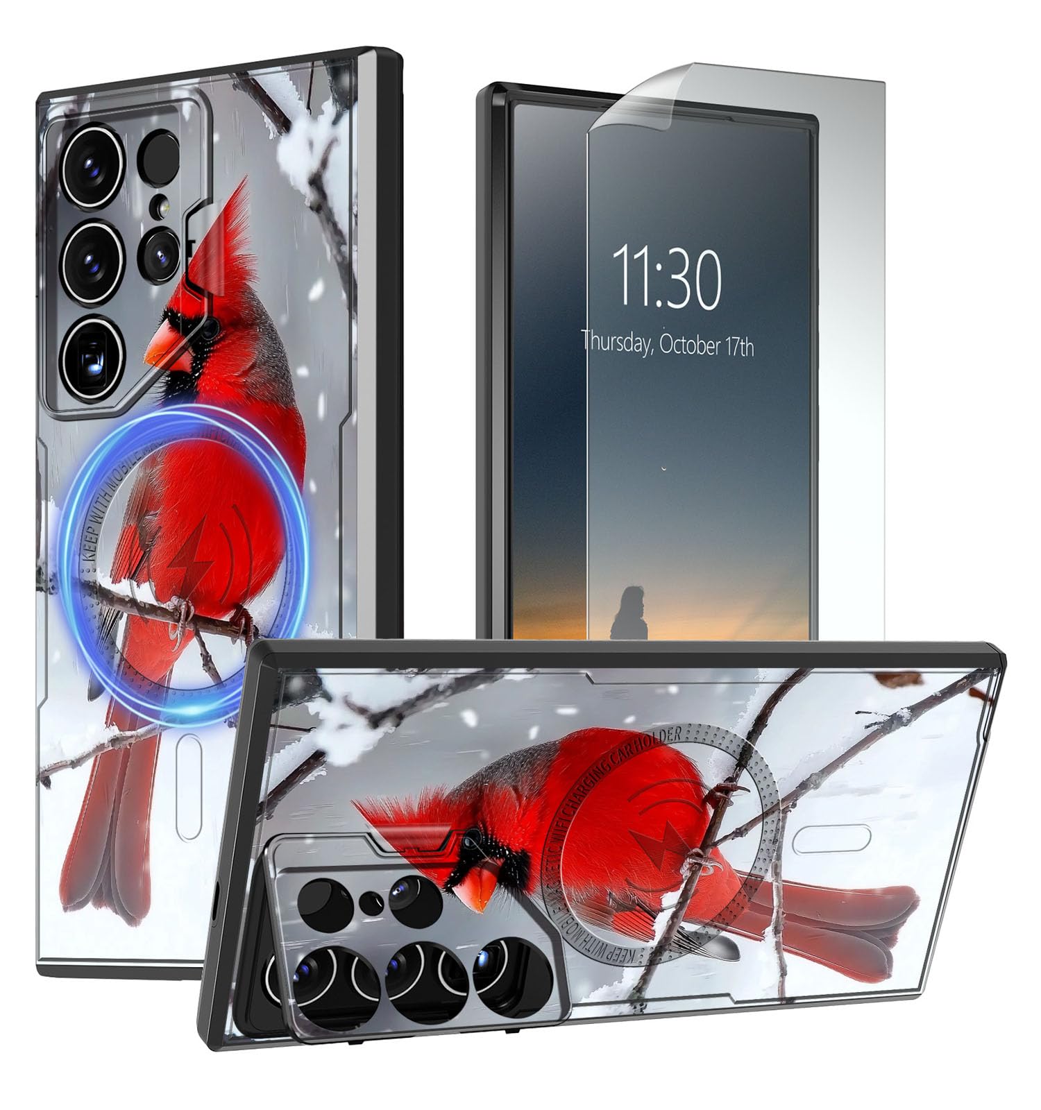 RAUEDWDJS Magnetic Case for Samsung Galaxy S25 Ultra with Camera Stand Screen Protector,Heavy Duty Shockproof Rugged Case for Samsung S25 Ultra,Red