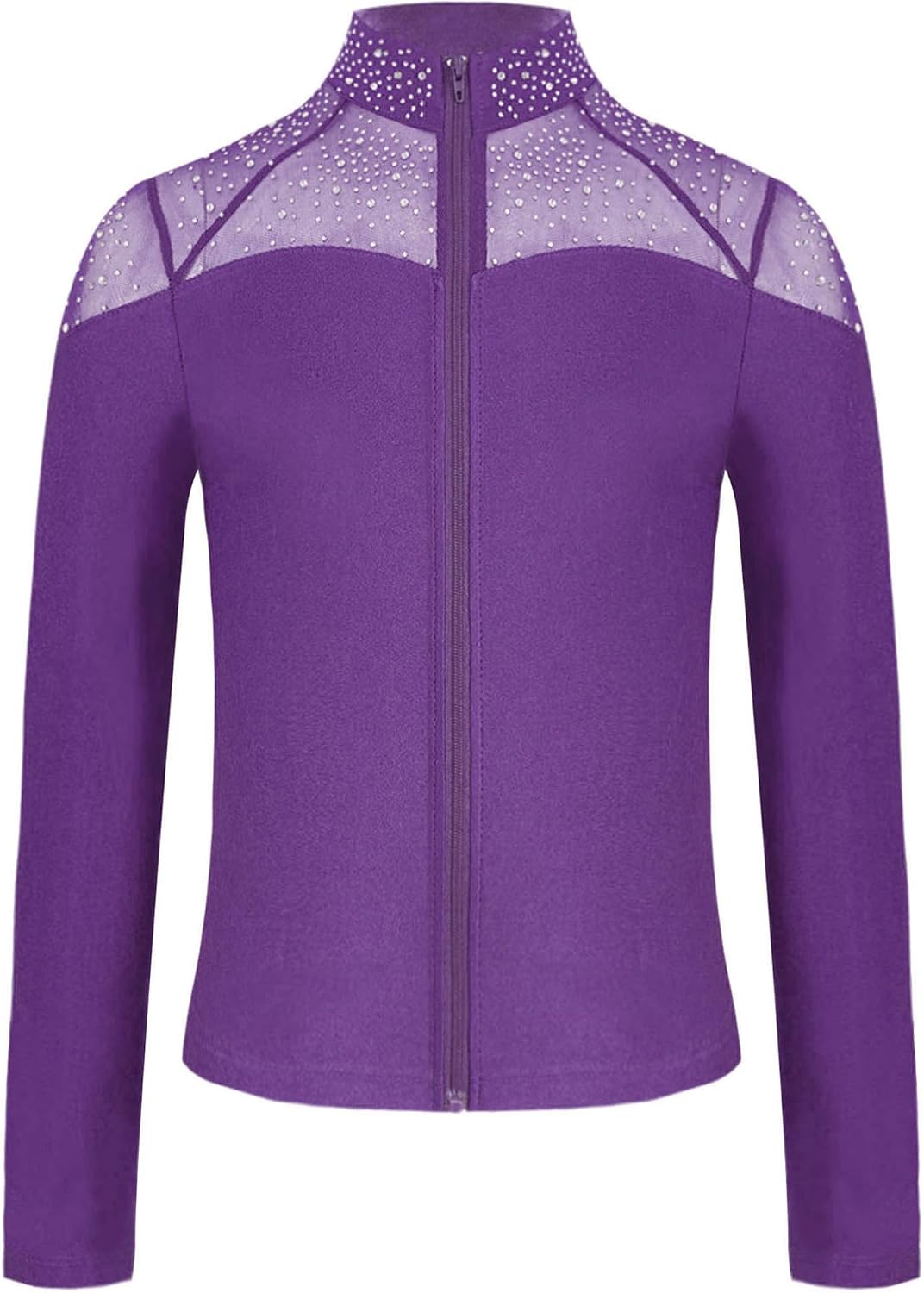 JEATHA Kids Girls Ice Skating Jackets Rhinestones Mesh Long Sleeve Zip Up Training Practice Figure Skating Tops