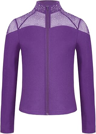 JEATHA Kids Girls Ice Skating Jackets Rhinestones Mesh Long Sleeve Zip Up Training Practice Figure Skating Tops