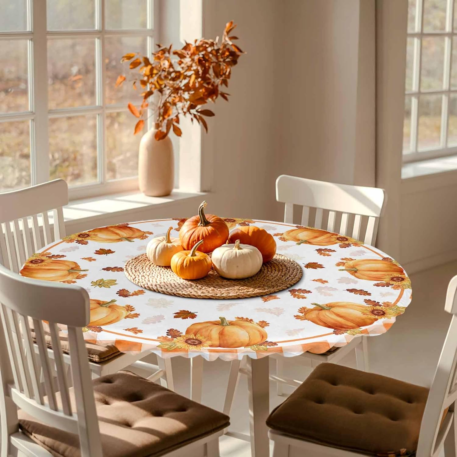 Fall Thanksgiving Pumpkin Kitchen Table Cover,Orange Buffalo Plaid Fitted Tablecloth for Round Table Waterproof Table Cloth with Elastic Edge,Maple Leaves White Circle Autumn Table Covers 55-60in