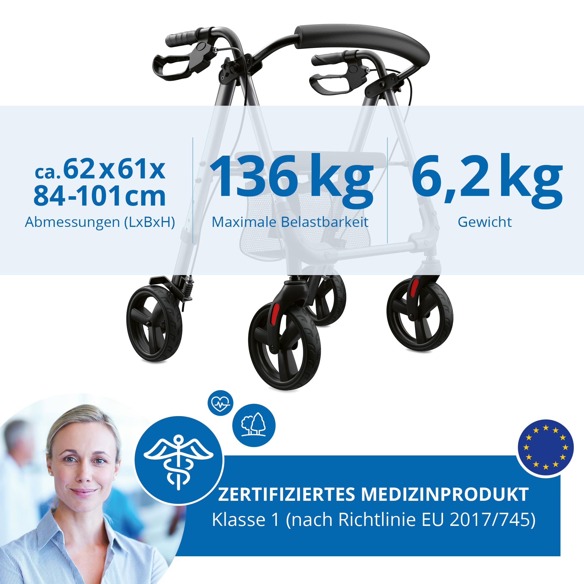 Weinberger Alu-Rollator Basic, faltbar, mit Sitzfläche, Leichtgewicht 6,2 Kg, Medizinprodukt Klasse 1, höhenverstellbar, Gehwagen, Gehhilfe, Reiserollator, 46501