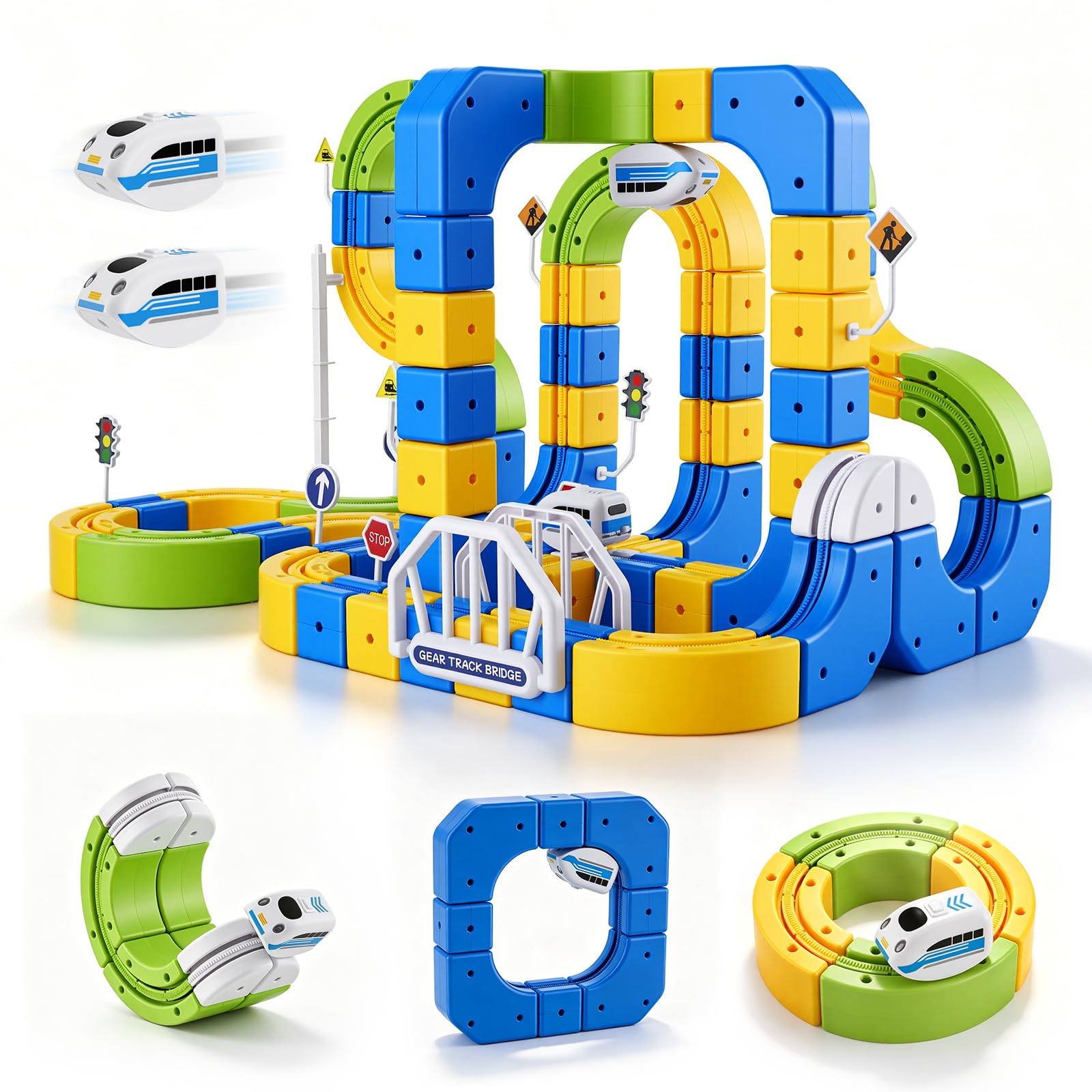 Set di trenino elettrico Click-Rail da 225 pezzi con 2 trenini più piccoli, binari flessibili, trenino a blocchi cubi fai-da-te con tracciati 3D che sfidano la gravità, ferrovia e blocchi magici