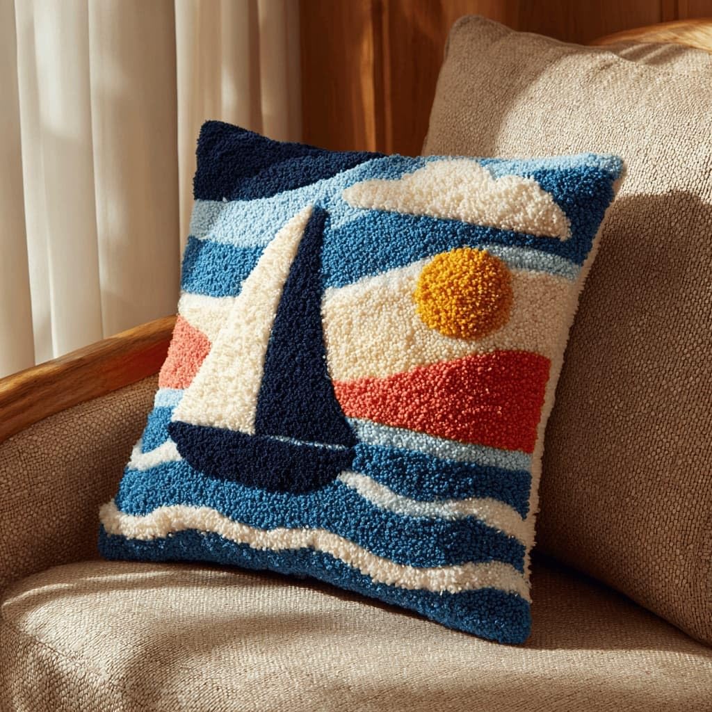 Latch Hook Pillow Kit For Adults,Sailboat 17X17In Latch Hook Kit For Pillow Cover With Instruction For Beginner Cross Stitch Sofa Cushion Cover With Crochet Yarn For Beginners And Home Decor