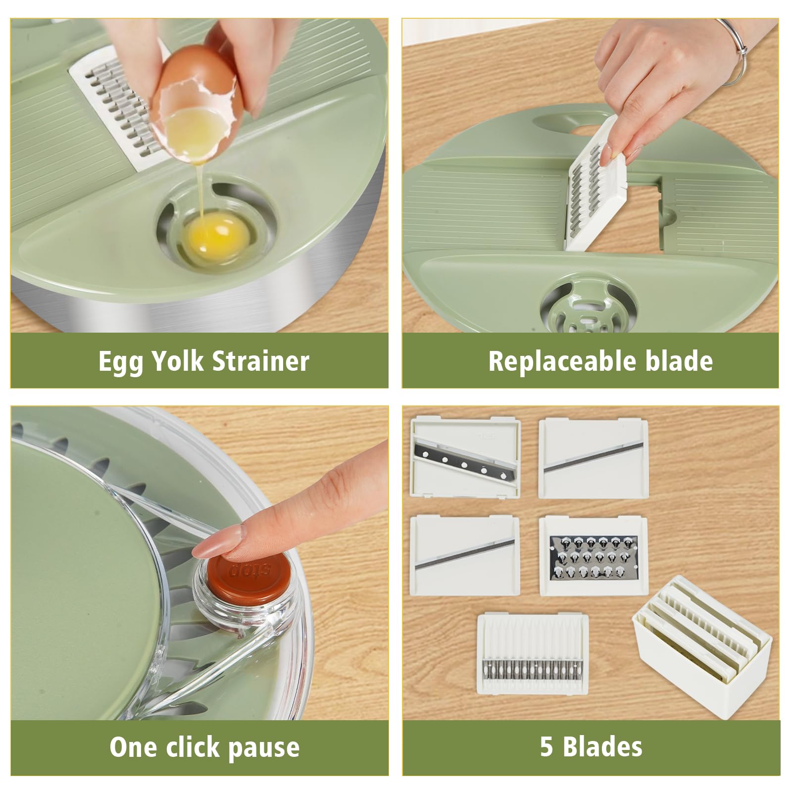 Centrifugador de ensalada de acero inoxidable con función de corte [5 accesorios diferentes] Centrifugador de ensalada por base antideslizante y accionamiento de manivela, separador de yemas, cuenco