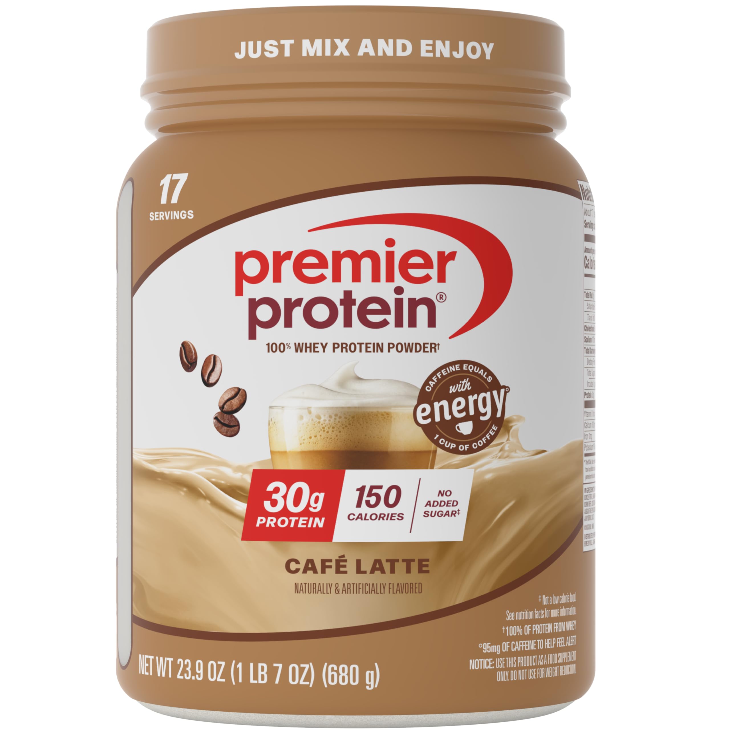 Powder, Café Latte, 30g Protein, No Added Sugar, 100% Whey Protein, Keto Friendly, Soy & Gluten Free, 95mg Caffeine for Energy, 23.9 oz, 17 Servings (Packaging May Vary)