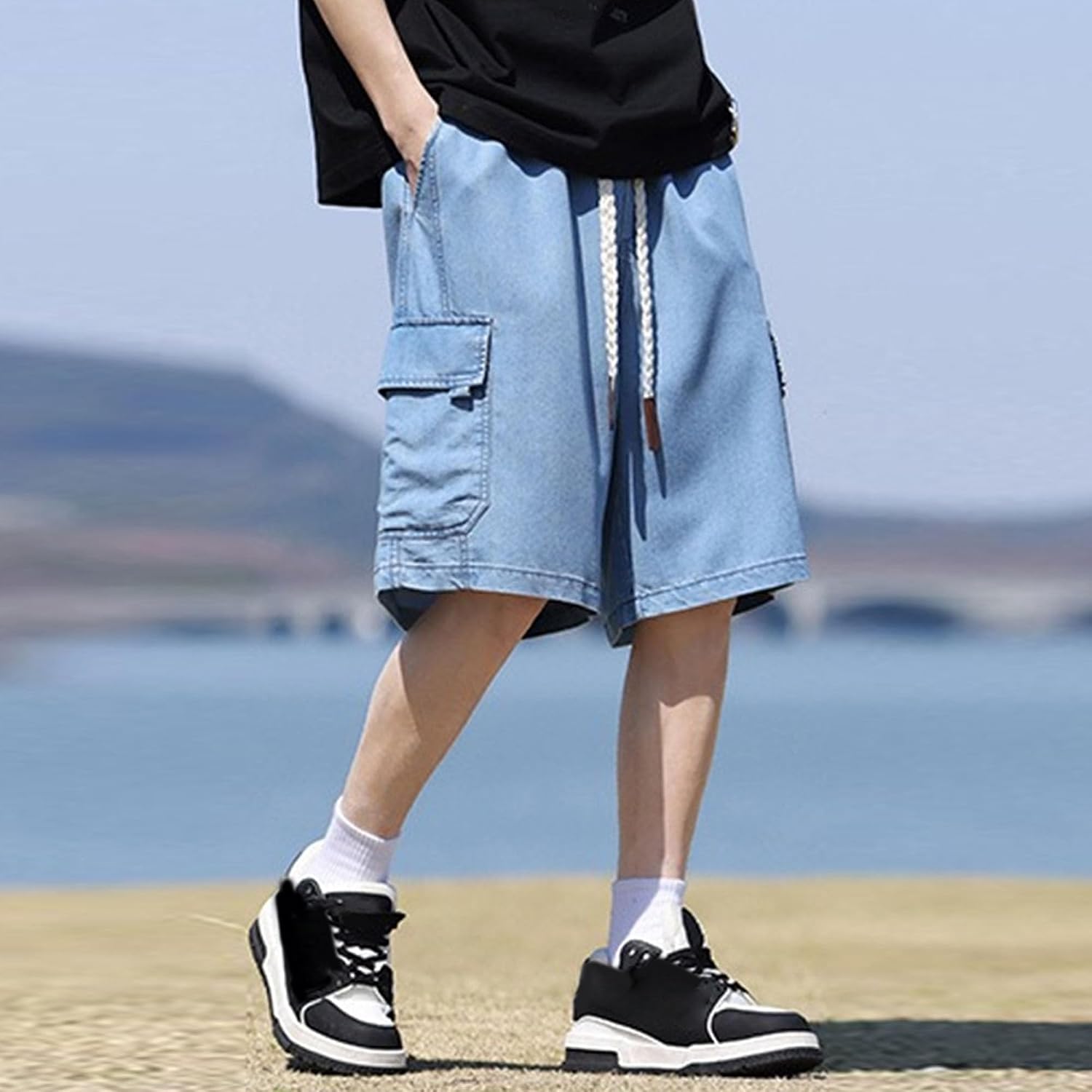 Maiyifu-GJ Men's Jean Shorts Elastic Waist Straight Denim Shorts Casual Loose Fit Short Jeans Streetwear