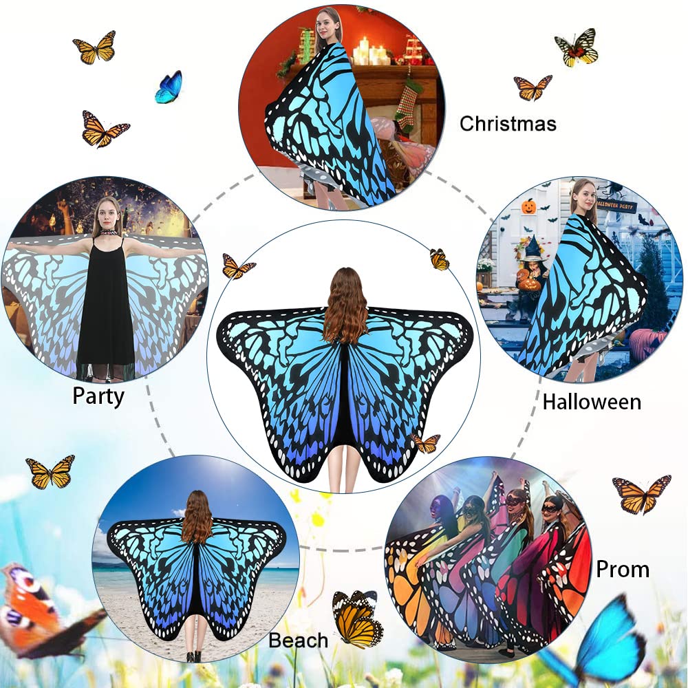 Damen Schmetterling Kostüm Schmetterlingsflügel Faschingkostüme Schmetterling Kostüm Schal Poncho mit Damen Spitze Maske, Schmetterling Haarreif für Party Weihnachten Kostüm Cosplay