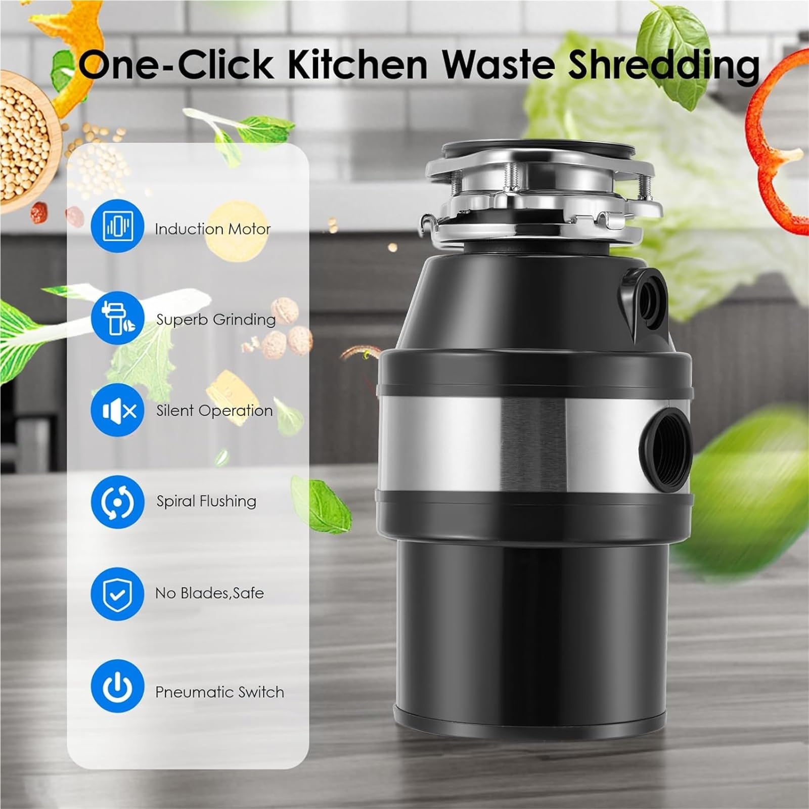Triturador de residuos de alimentos, máquina trituradora de basura bajo el fregadero de 1,4 L con 4000 rpm, interruptor neumático, contenedores de eliminación de residuos automáticos