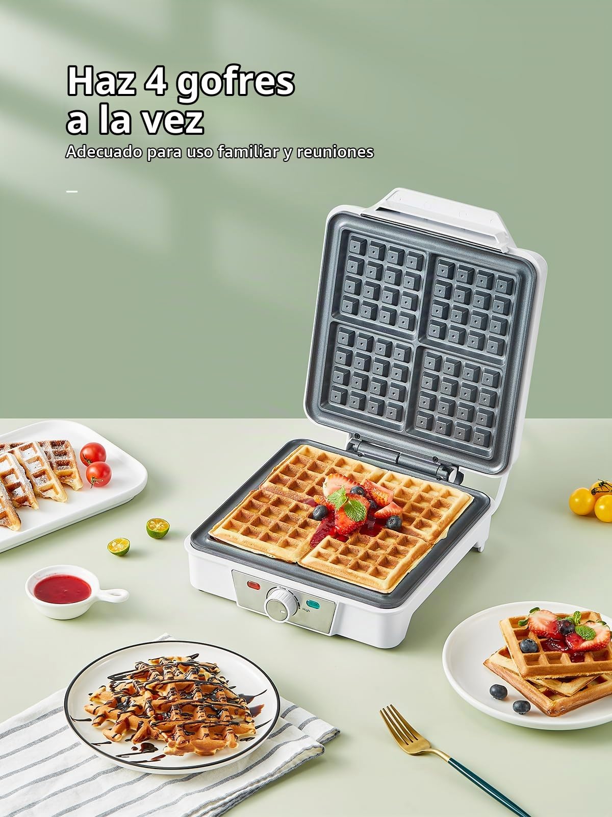 Gofrera Belga 4 Porciones – Gofrera Eléctrica 1200W con 5 Niveles de Dorado, Placas Antiadherentes, Sistema Antiderrames y Luces Indicadoras